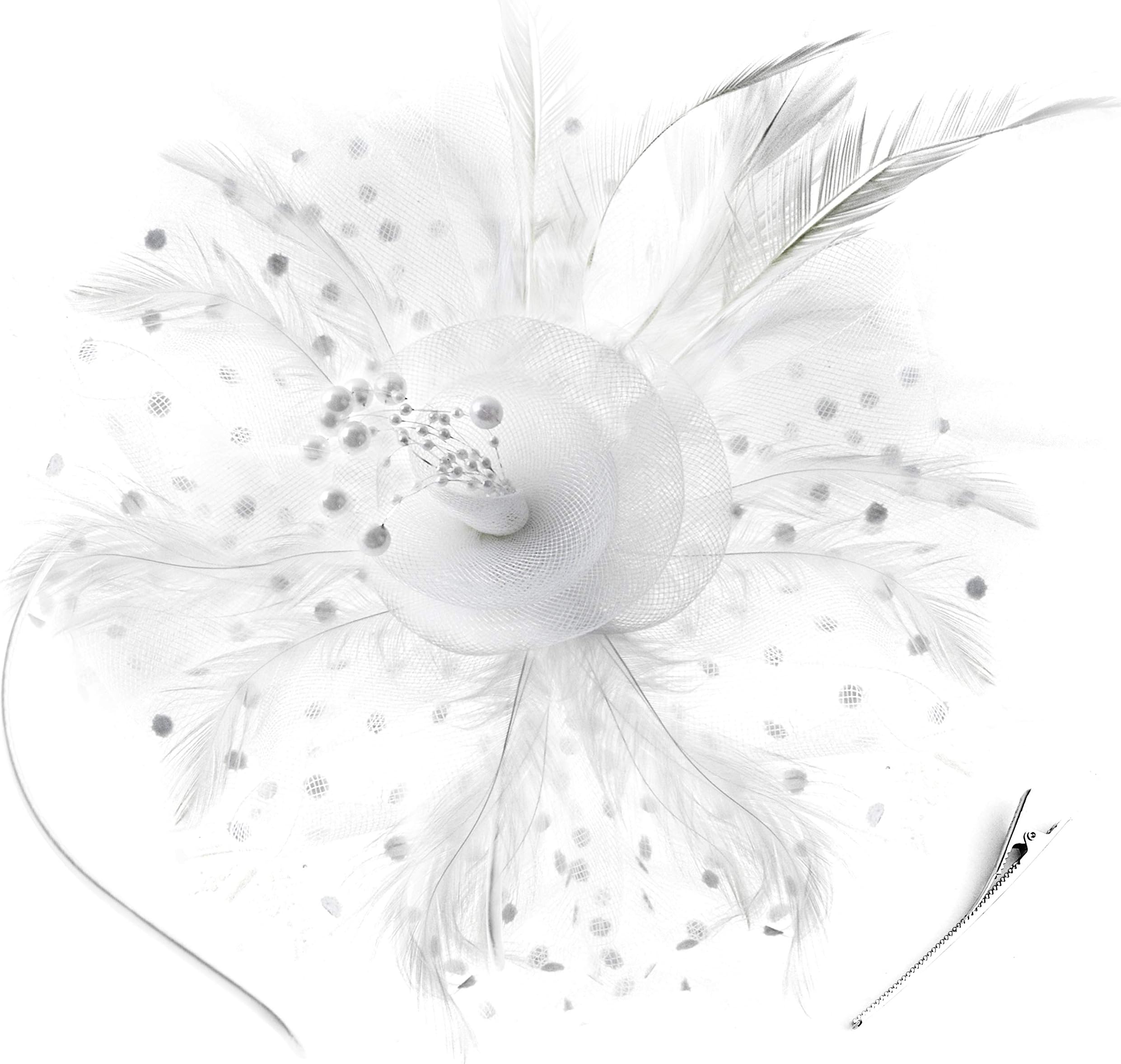 Fascinators Women Sinamay Mesh Wedding Cocktail Hats Tea Party Derby Headband (B-White)