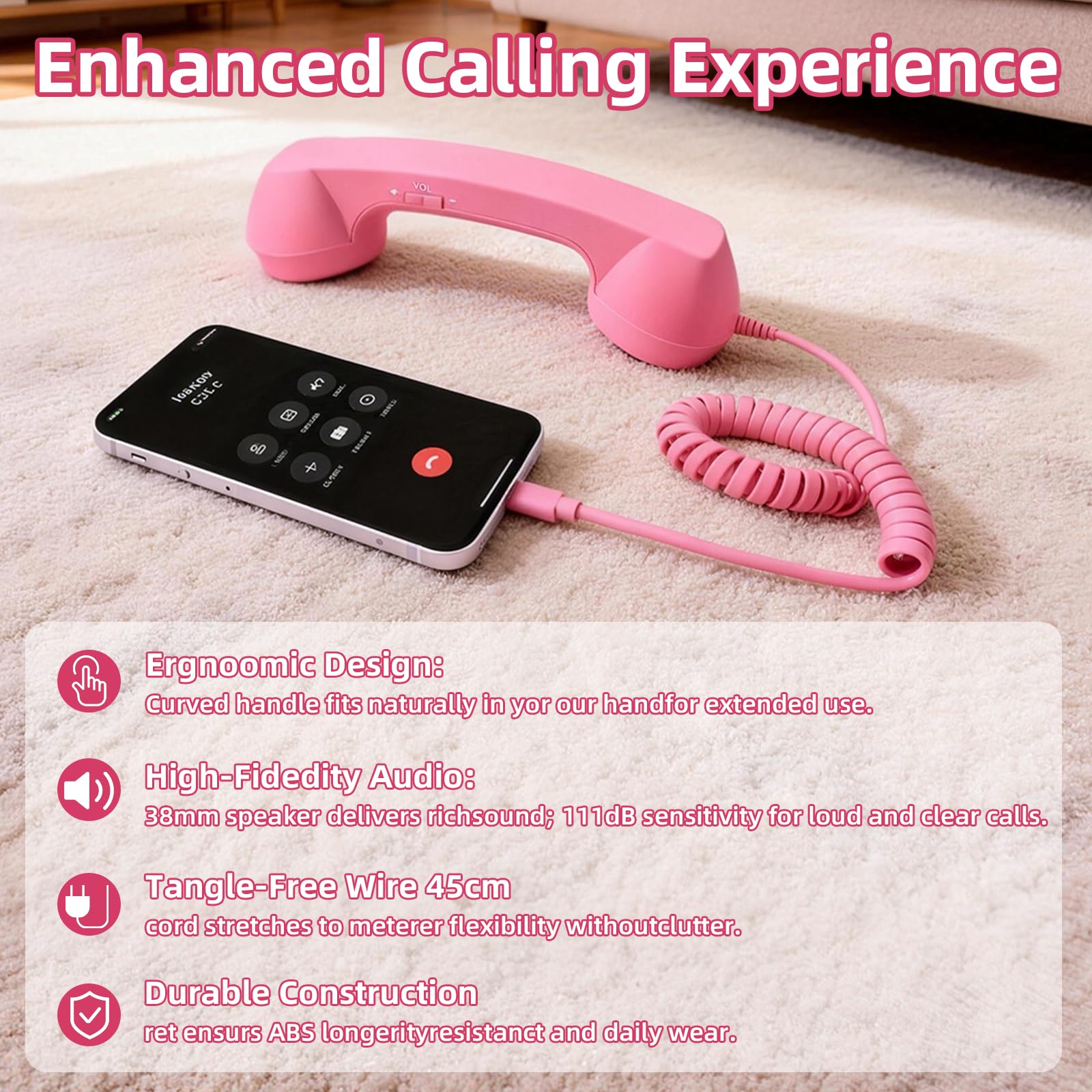 Retro Phone Handset for iPhone & Android, 2026 New Type-C Wired Receiver with Microphone & Speaker, Vintage Landline Style Handle for Noise Cancelling Calls, Meetings, and Home Office Desk Use (Pink) - 5