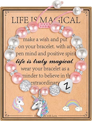 Hidepoo Regalos de unicornios para niñas, perlas rosas y bolas de diamantes de imitación, pulseras de unicornio con inicial de corazón para niñas,