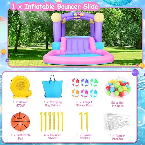 Miniatura 9 de Whubefy - Casa inflable de rebote para niños 3-6, castillo 5 en 1 con tobogán, soplador, piscina de bolas, objetivo de dardos con 6 bolas adhesivas,