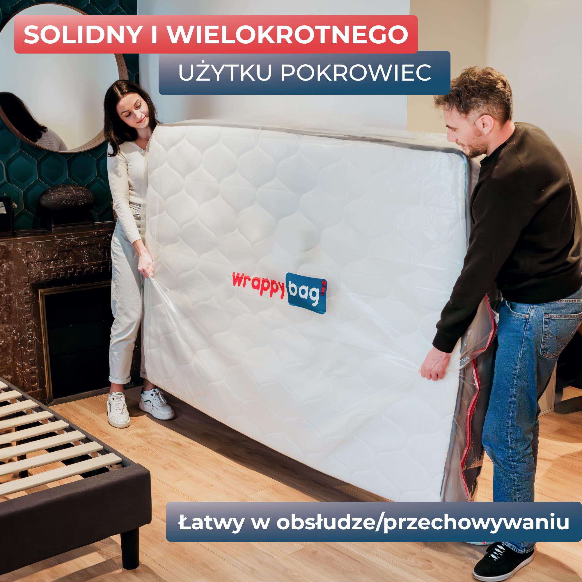 WRAPPYBAG – Plastikowy pokrowiec ochronny na materac – Wodoodporna i odporna na rozdarcie torba do przechowywania – do przenoszenia, przechowywania i transportu – (90x200cm) – Zestaw 2 szt.