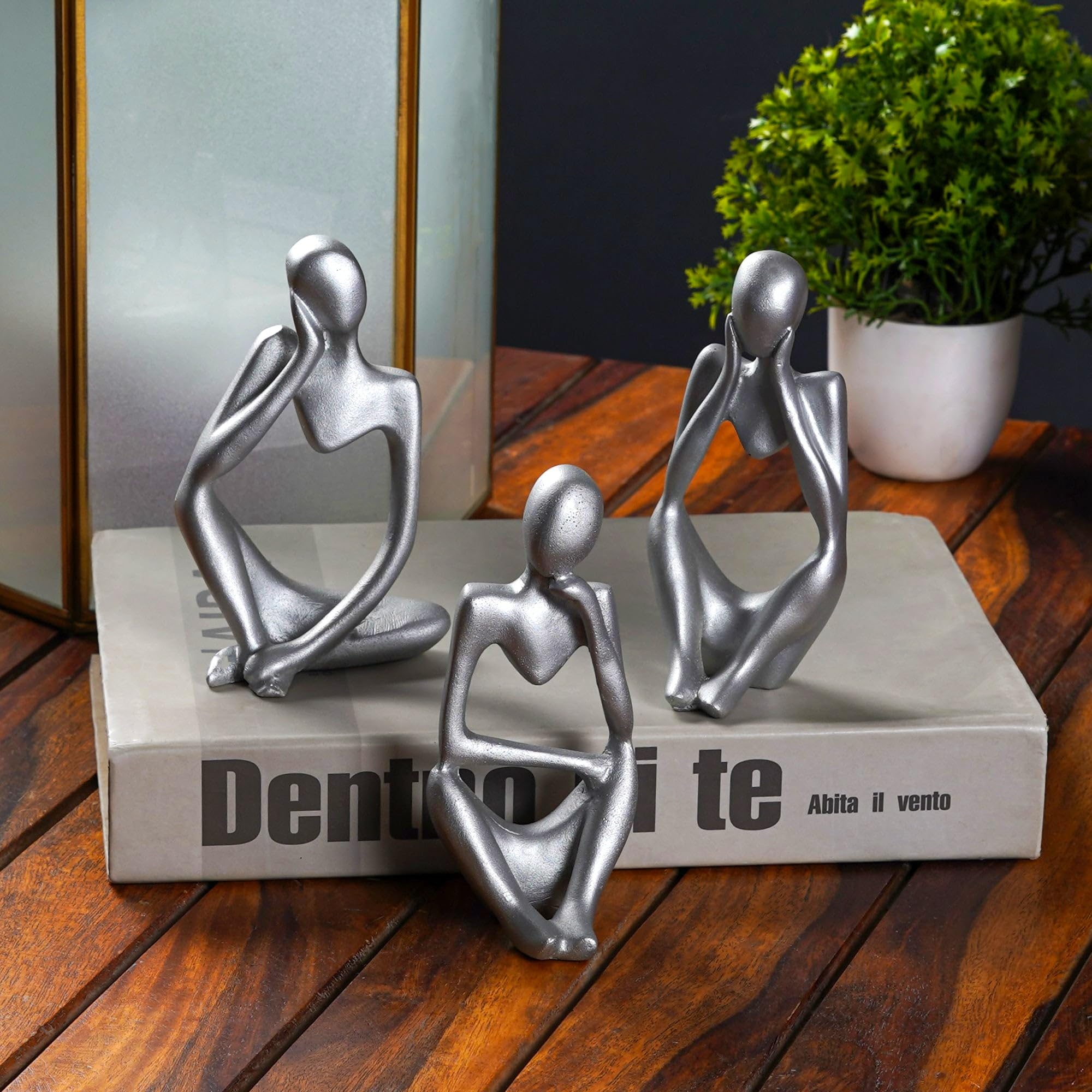 The Artment your artistic apartment Decorative Set of 3 Abstract Thought Thinker Accent Resin Showpiece Figurine for Table Decor, Living Room, Office/Home Decor (Silver)