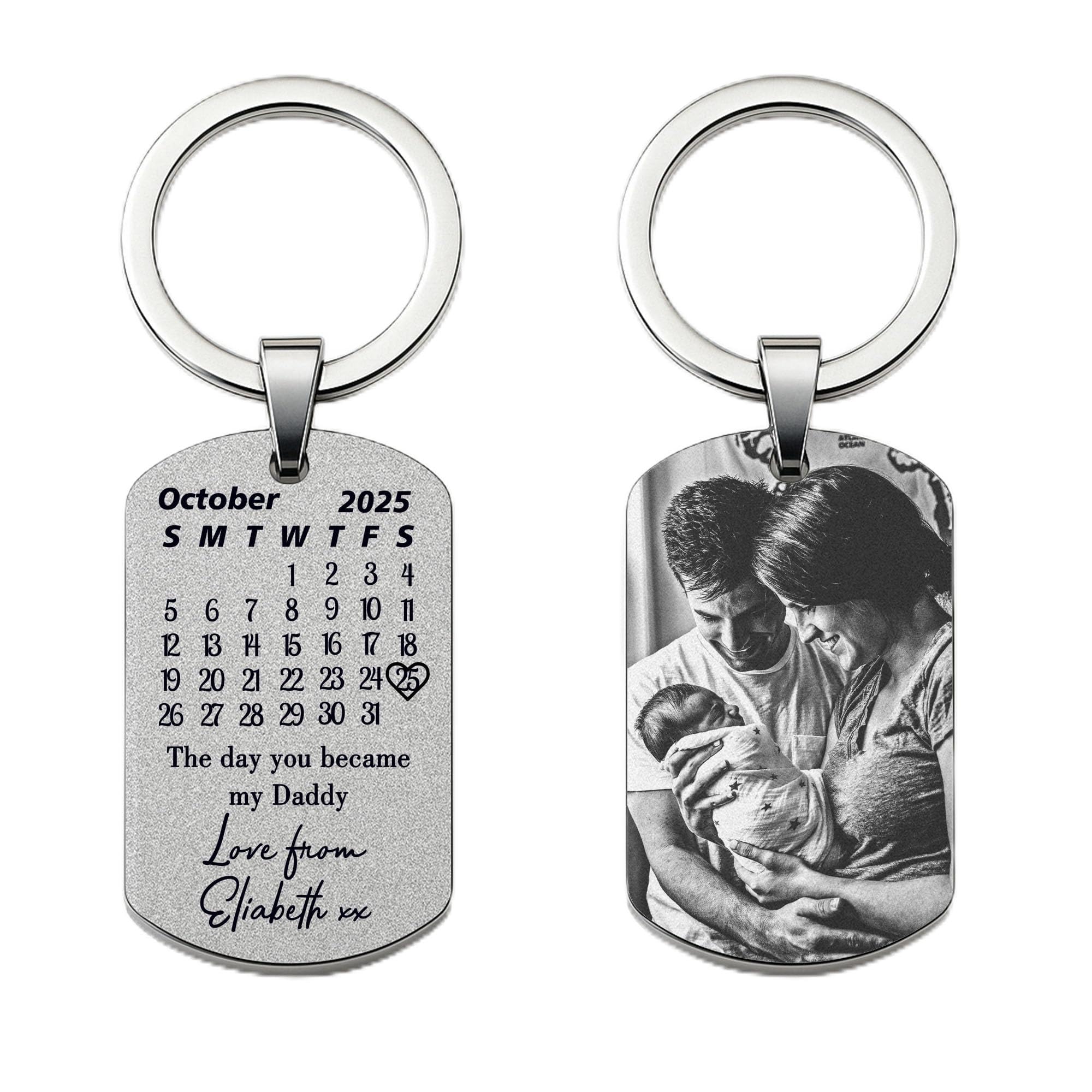 Gutegifts Men's Silver Personalised Calendar Engraved Keyring Dog Tag Gifts For Wo Photo Key Chain Special Date Keepsake Birthday Christmas Presents