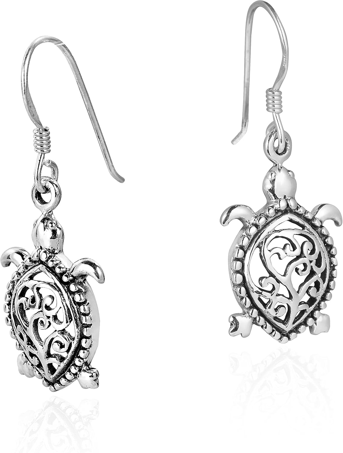 Detailed Swirl Pacific Turtle .925 Sterling Silver Dangle Earrings