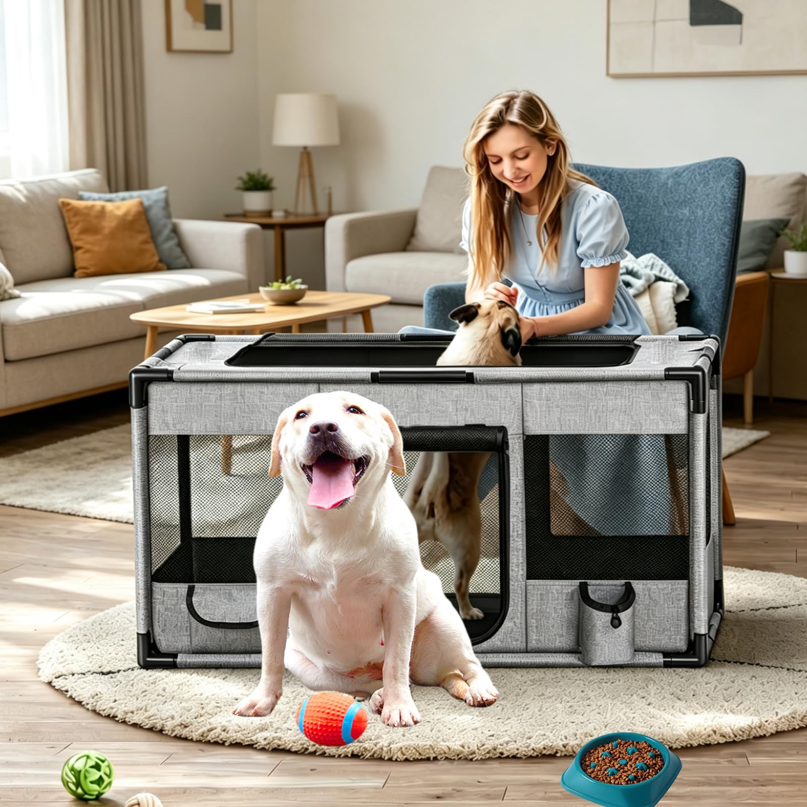 Welpenauslauf Laufstall Hund Welpenlaufstall aus Oxford-Gewebe, Tierauslauf Tierlaufstall PVC-Rohren Hundekäfig Katzengehege Indoor Outdoor für Hunde & Katzen mit atmungsaktives Netz, 100x60x60cm