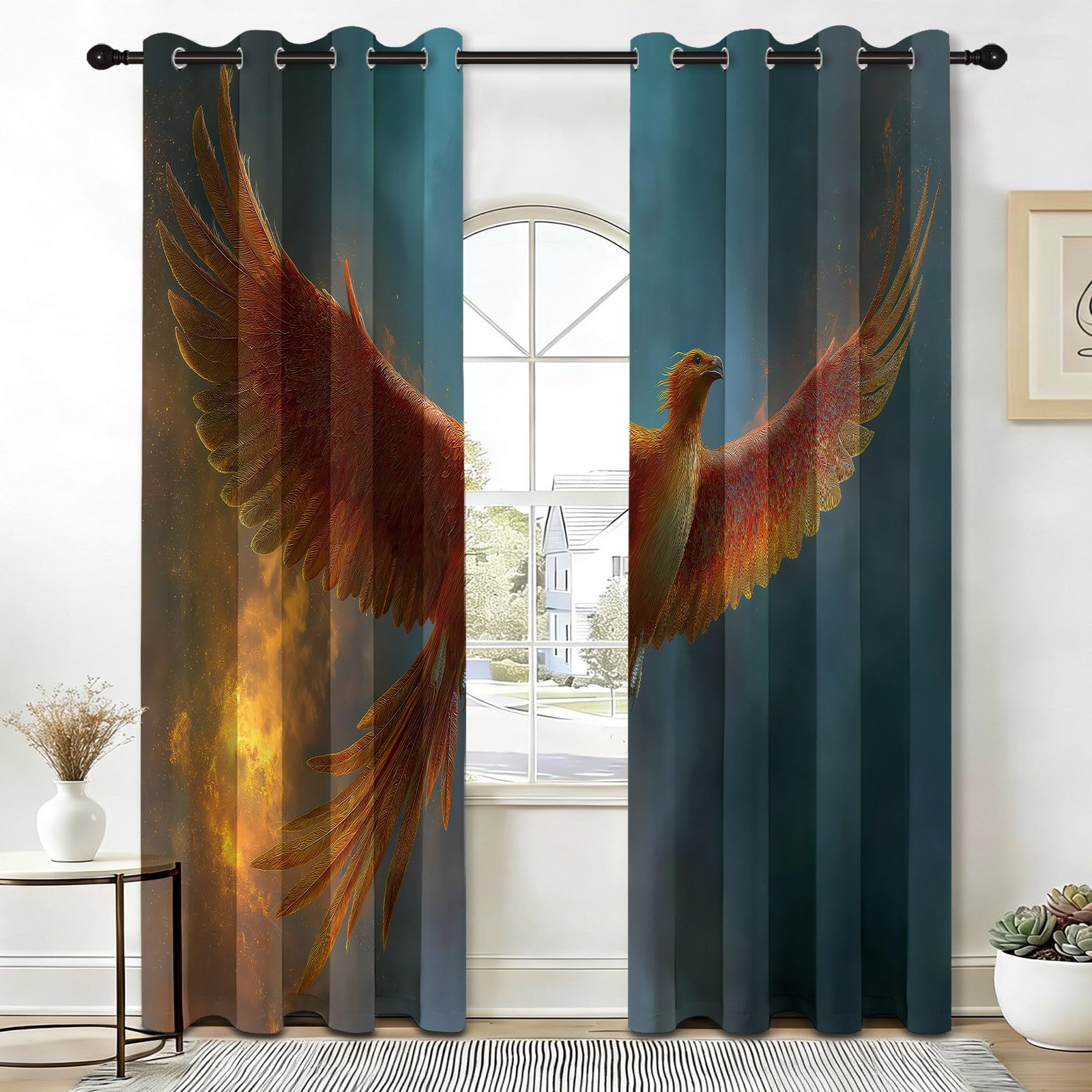Cortinas opacas de diseño oriental fénix con acabado textil premium