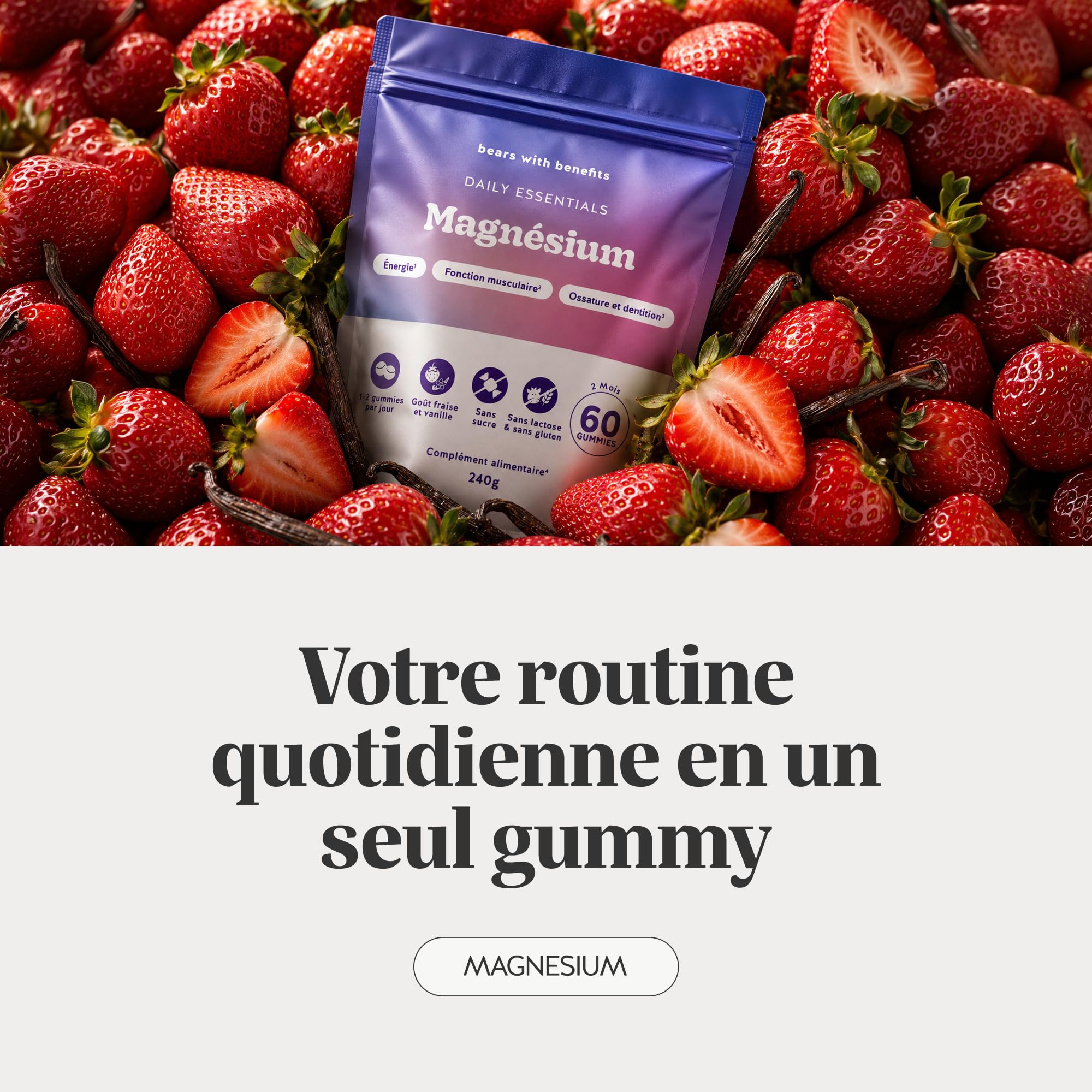 Gummies Magnésium 360mg – Daily Essentials – Contribue au fonctionnement normal des muscles, Métabolisme Energétique Normal – 60 Unités (2 mois) – Vegan, Sans Sucre – Bears with Benefits