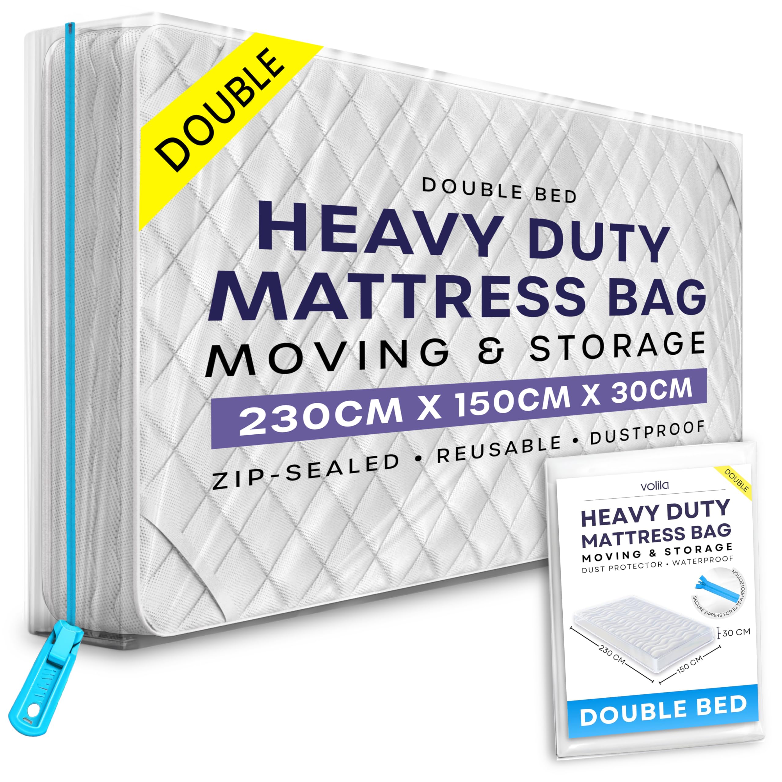 volila Double Mattress Storage Bag with Zipper - 1 Pack Waterproof Mattress Cover for Moving - Mattress Bag to Protect Beds from Stains, Dust, and Pest Damage - Plastic Mattress Cover