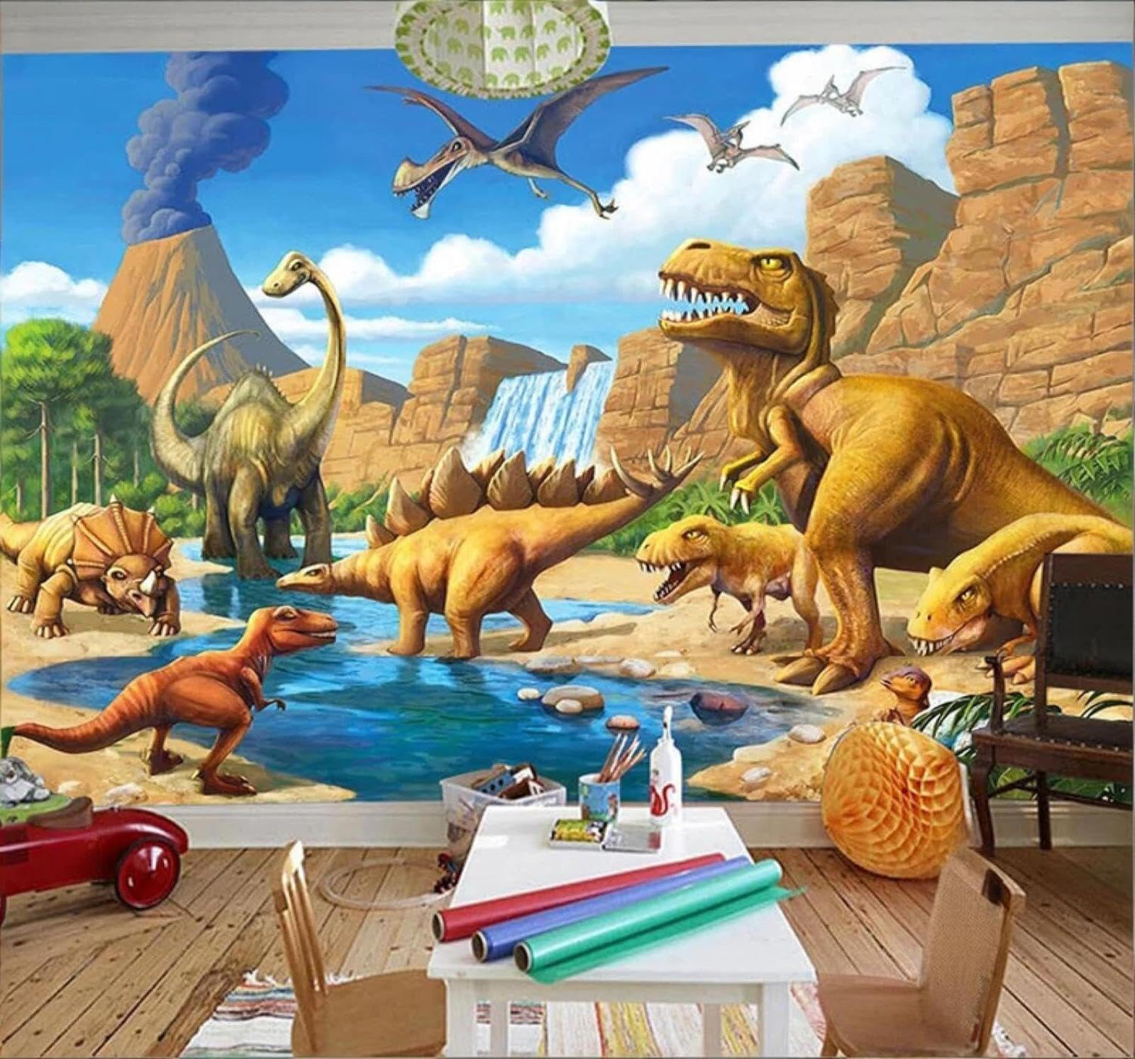 XLMING Cartoon Dinosaurs Landscapes Waterfalls Scenery 3D Wallpaper Luxury Silk Study Dining Feature Sofa Grey Bedroom Living Room Tv Decorative Wall-430cm×300cm
