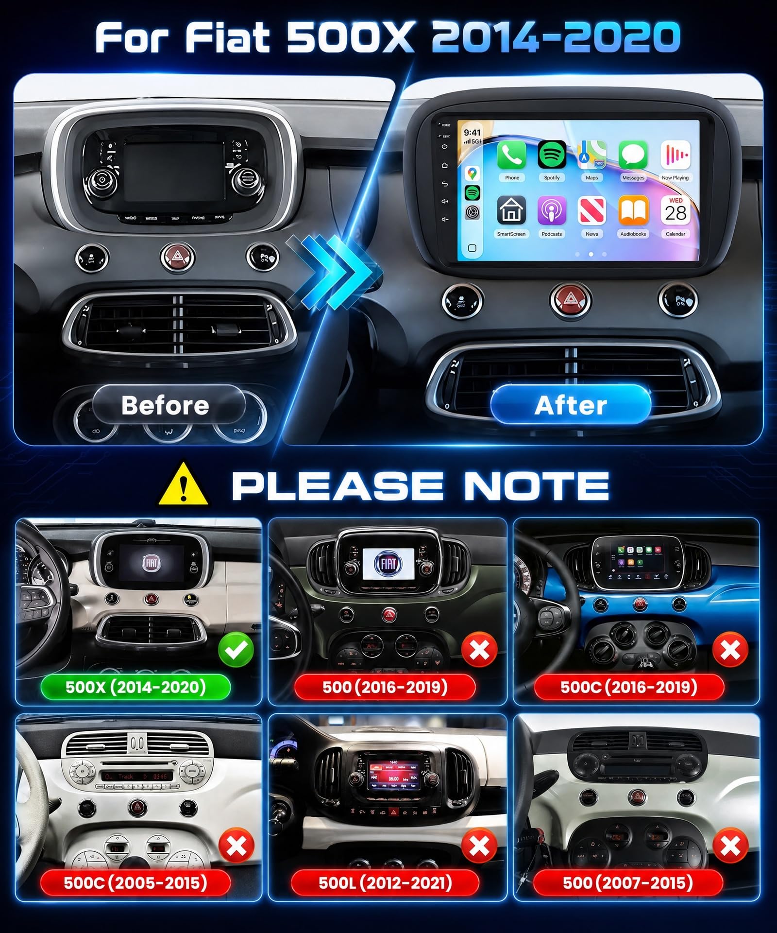 Radio de Coche 4 GB + 128 GB con CarPlay y Android Auto para Fiat 500X 2014-2020, autorradio con Pantalla táctil Incell de 9 Pulgadas, Bluetooth 5G-WiFi GPS EQ USB FM RDS SWC y cámara AHD