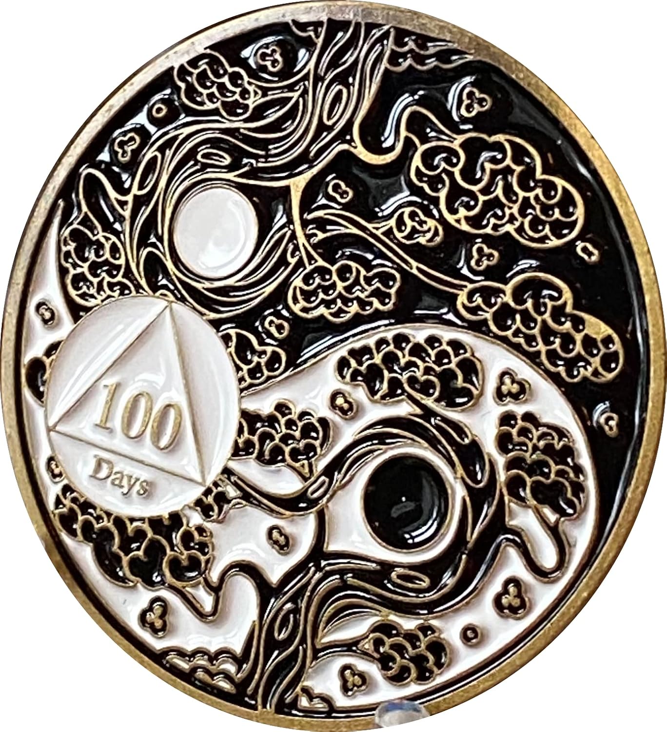 RecoveryChip 100 Days AA Medallion Sakura Tree Cherry Blossom Ying Yang Black and White Serenity Prayer Medallion
