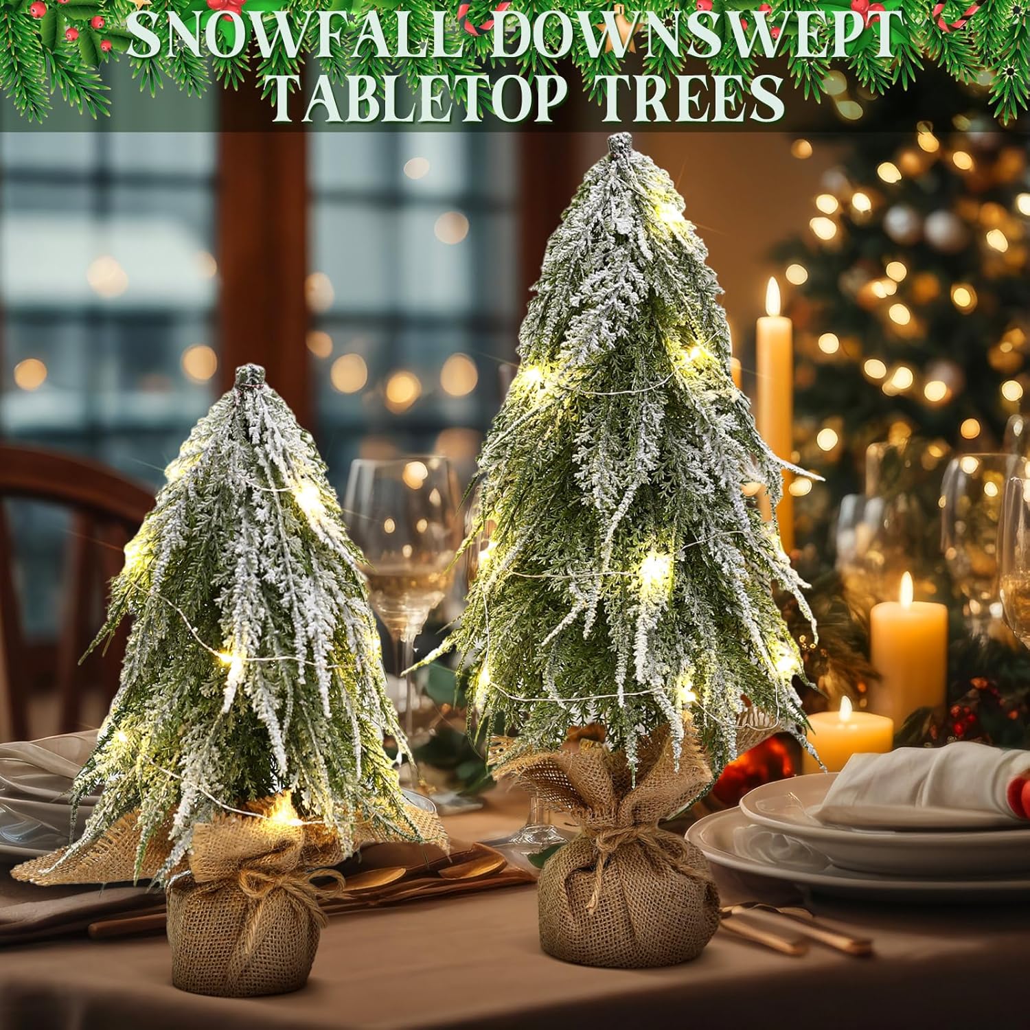 Soulchen 2 Pcs 11.8" 15.7" Pre-lit Christmas Pine Tree Tabletop Artificial Cedar Table Decorations Mini Christmas Tree Tabletop with Warm LED Light Wooden Base Xmas Snow Flocked for Indoor Party Favor