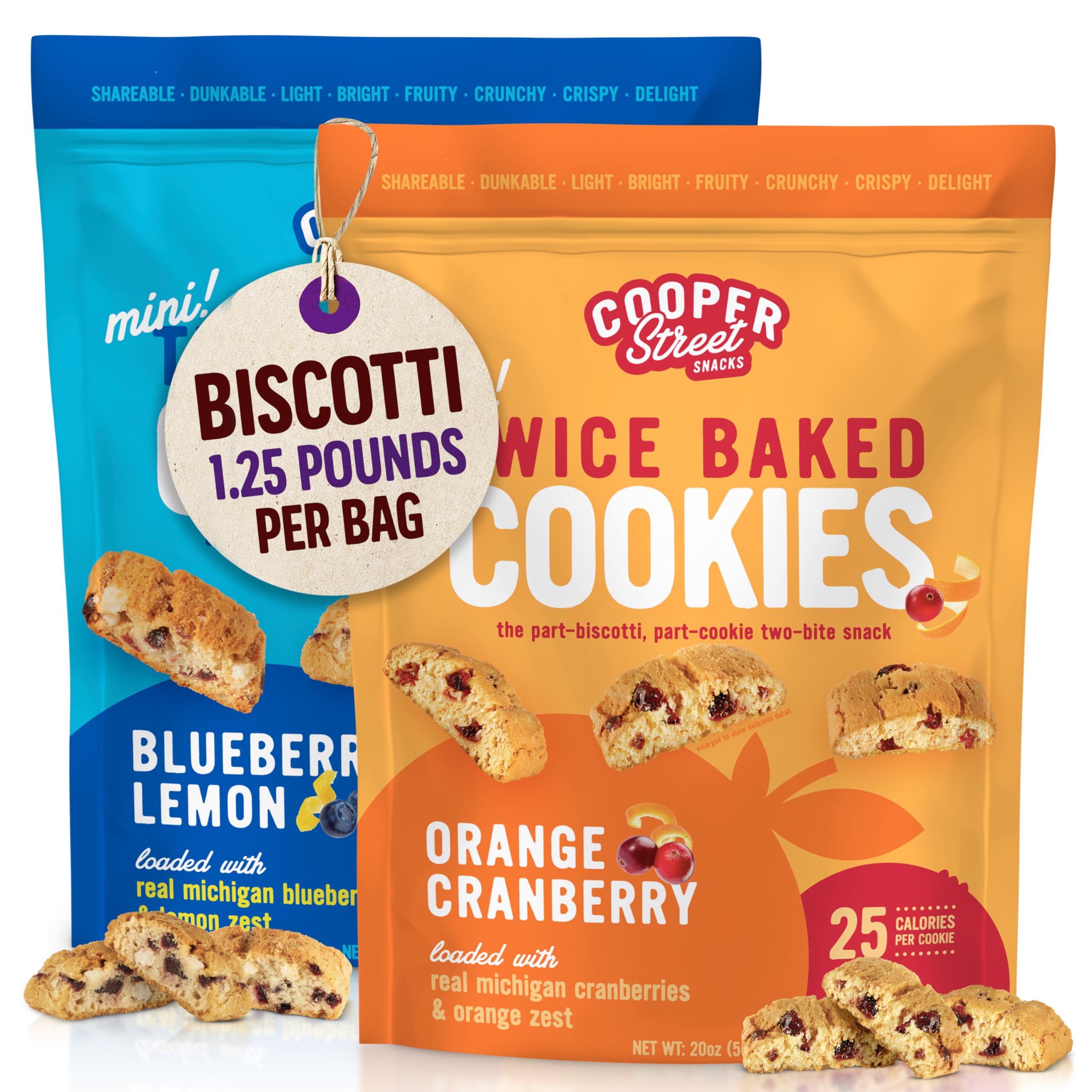 Cooper Street Italian Biscotti Cookies - Twice Baked Biscotti Style Cookies | Lemon Blueberry and Orange Cranberry Flavor | Crispy, Light and Healthy Cookies | Peanut & Dairy Free | 20oz | 2 Pack