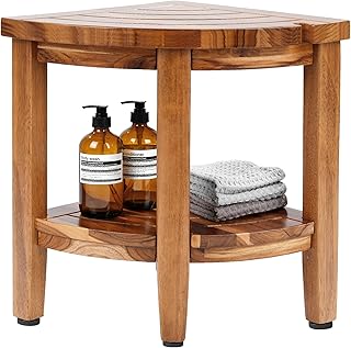 18" Teak Corner Shower Stool, 2-Tier Teak Shower Bench with Storage Shelf, Adjustable Non-Slip Feet, Walnut