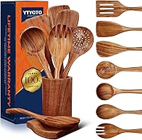 Vista 10 de Juego de utensilios de cocina de madera de teca natural - 4 piezas de cucharas de madera para cocinar con cucharón, espátula y cuchara ranurada