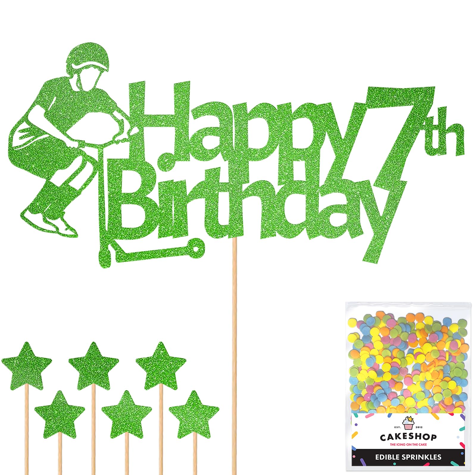 Personalised Tail Whipper Stunt Scooter Glitter Cake Topper - Green Custom Name Glitter Cake Decoration and Sprinkles - Happy Birthday Decorations - Personalised Toppers for Cakes by Cakeshop