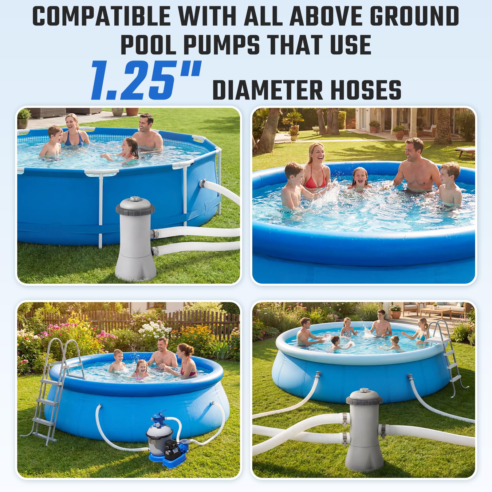 Tuyau Piscine 32mm/1,25, Tuyau de Rechange pour Piscine 150cm de Long avec 4 Pince Métallique, Accessoires de Pompe de Piscine pour Piscines Hors Terre Filtre Intex, Bestway (Paquet de 2)