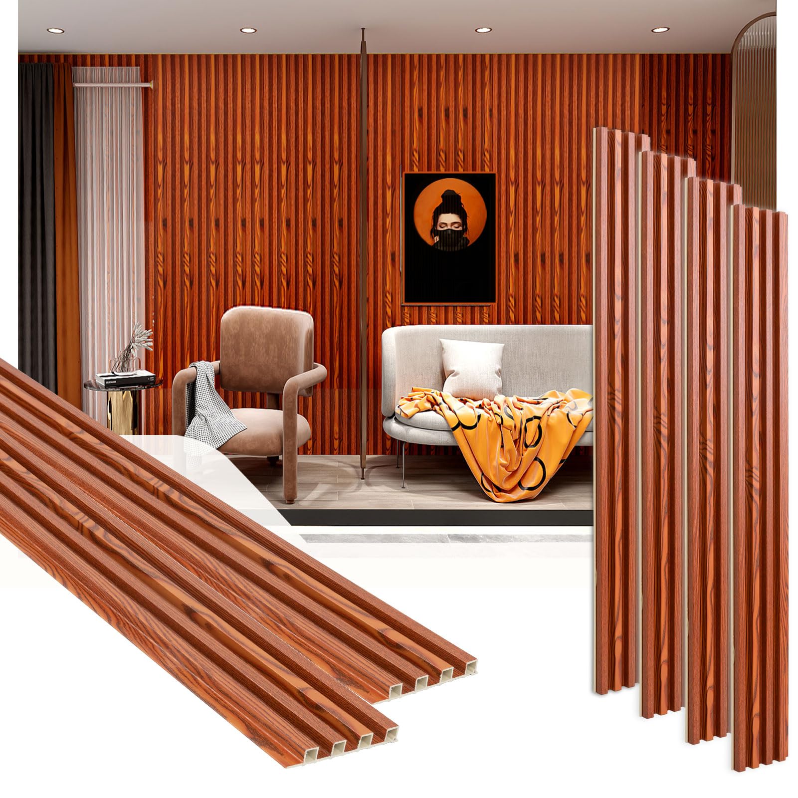 Photo 1 of Eazart 3D Slat Wall Panels, WPC Wood Strip Texture Panels for Modern Home Decor, 96 x 96in, 8-Pack(Red Walnut)