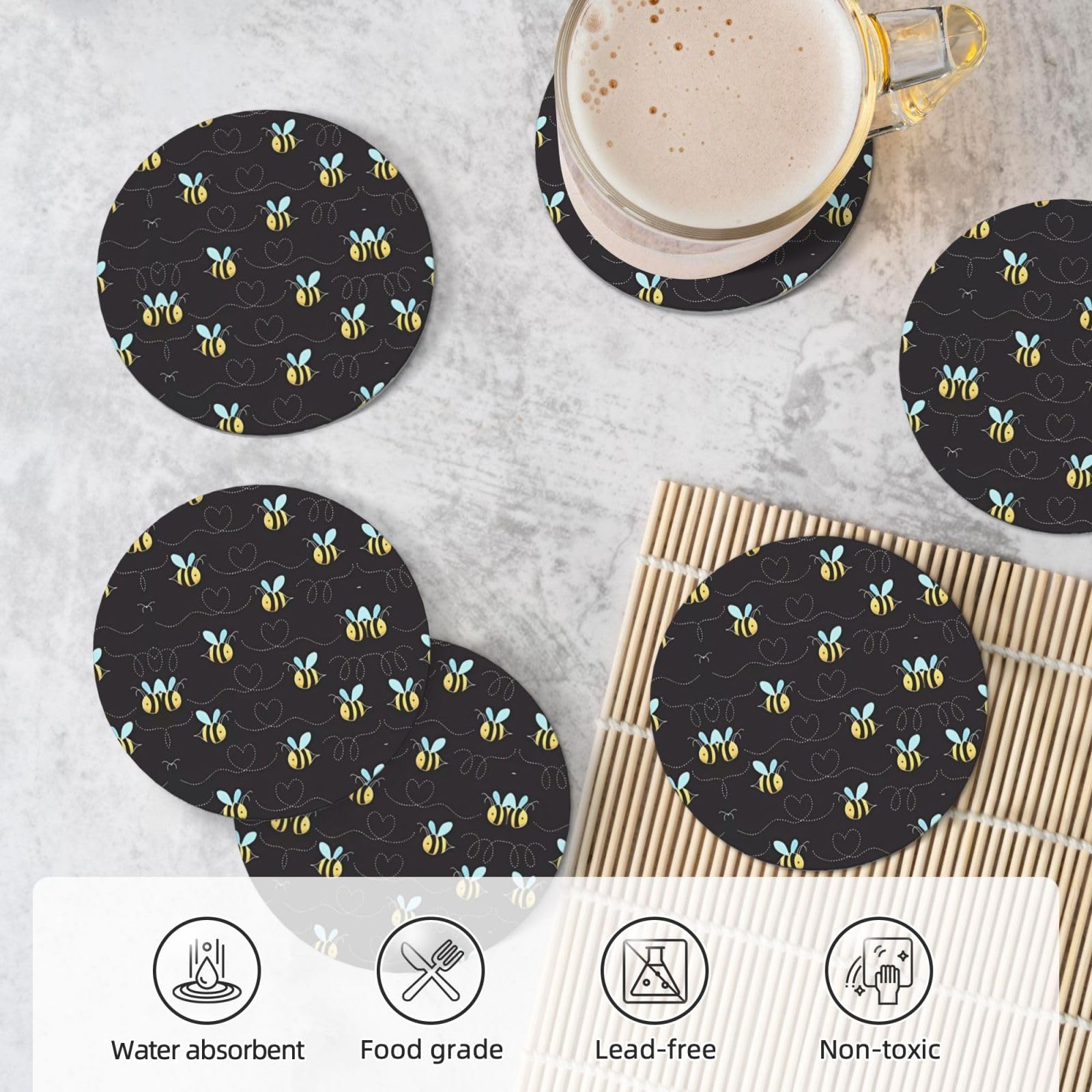 Sottobicchieri in sughero in ceramica di forma rotonda, 6 pezzi, immagine del calabrone, fondo in sughero antiscivolo, adatto a tutte le tazze da caffè e tazze sportive