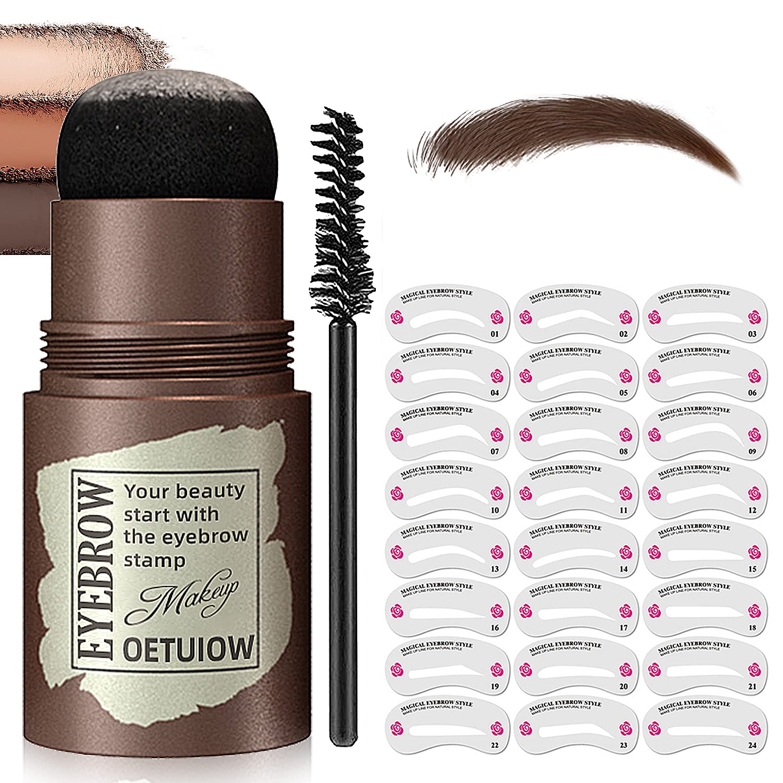 OETUIOW Eyebrow Stamp Stencil Kit - One Step Brow Stamp Shaping Kit Long-Lasting Waterproof, Eyebrow Makeup Perfect Brow Shape with 24 Reusable Eyebrow Stencils Dark Brown