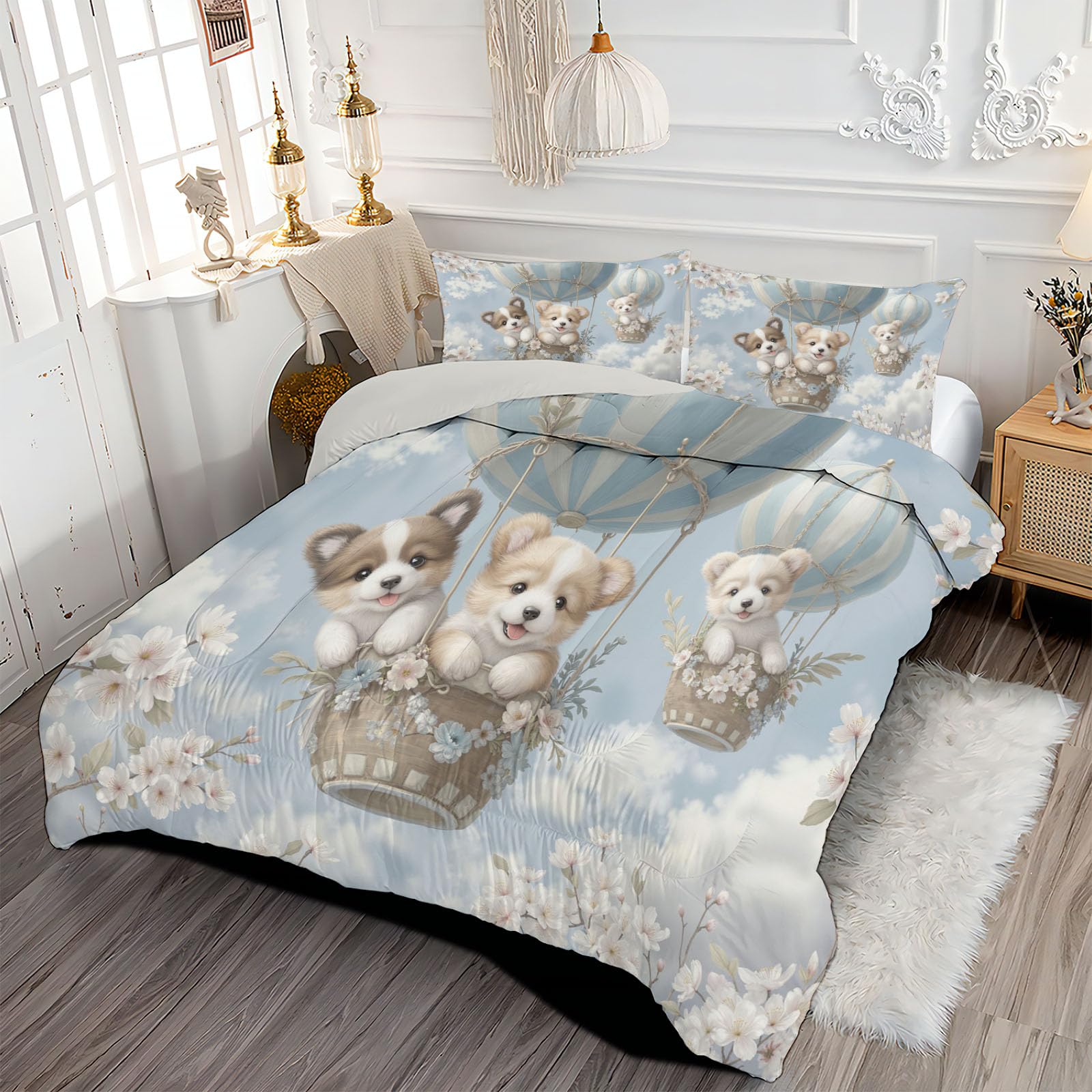 Trapunta Letto Singolo 4 Stagioni Piumone per Bambini, Mongolfiera Cane Leggero Fiori Carini Animali Set di Biancheria da Letto 140x200cm con 1 Federe,Piumino Lavabile In Lavatrice
