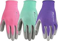 Wells Lamont Women's Gardening Gloves 3-Pack Medium Pink/Green/Purple - Breathable Polyester PU Grip Palm Elastic Wrist 413MF