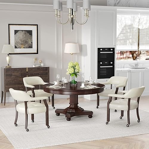 Miniatura 14 de Juego de 4 sillas de cuero de comedor con ruedas y brazos, silla de capitán Accent con ruedas, sillas de madera con ruedas enrollables para cocina y