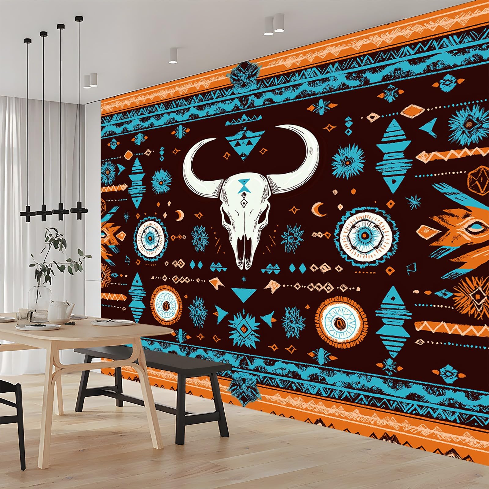 Panoramiczna tapeta boho plemienna czaszka pomarańczowa niebieska 200 x 140 cm (szer. x wys.), panoramiczna gigantyczna tapeta 3D salon sypialnia jadalnia pokój dziecięcy dekoracje ścienne z włókniny