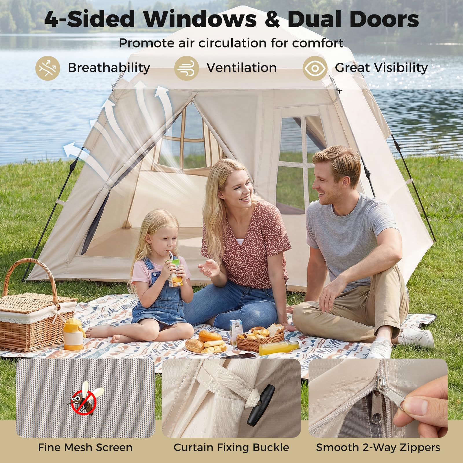 SOARS Tenda da Campeggio 3-4 Persone, Tenda Familiare con 4 Finestre Antizanzare Traspiranti e 2 Porte, Telo Antipioggia Rimovibile e Protezione Solare, Facile da Montare