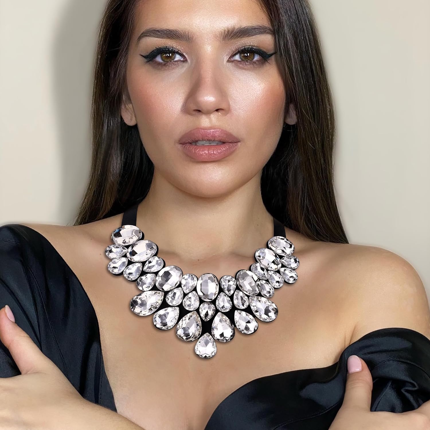 Flyonce Rhinestone Statement Necklace Chunky Choker Crystal Costume Jewelry for Women - Image 3