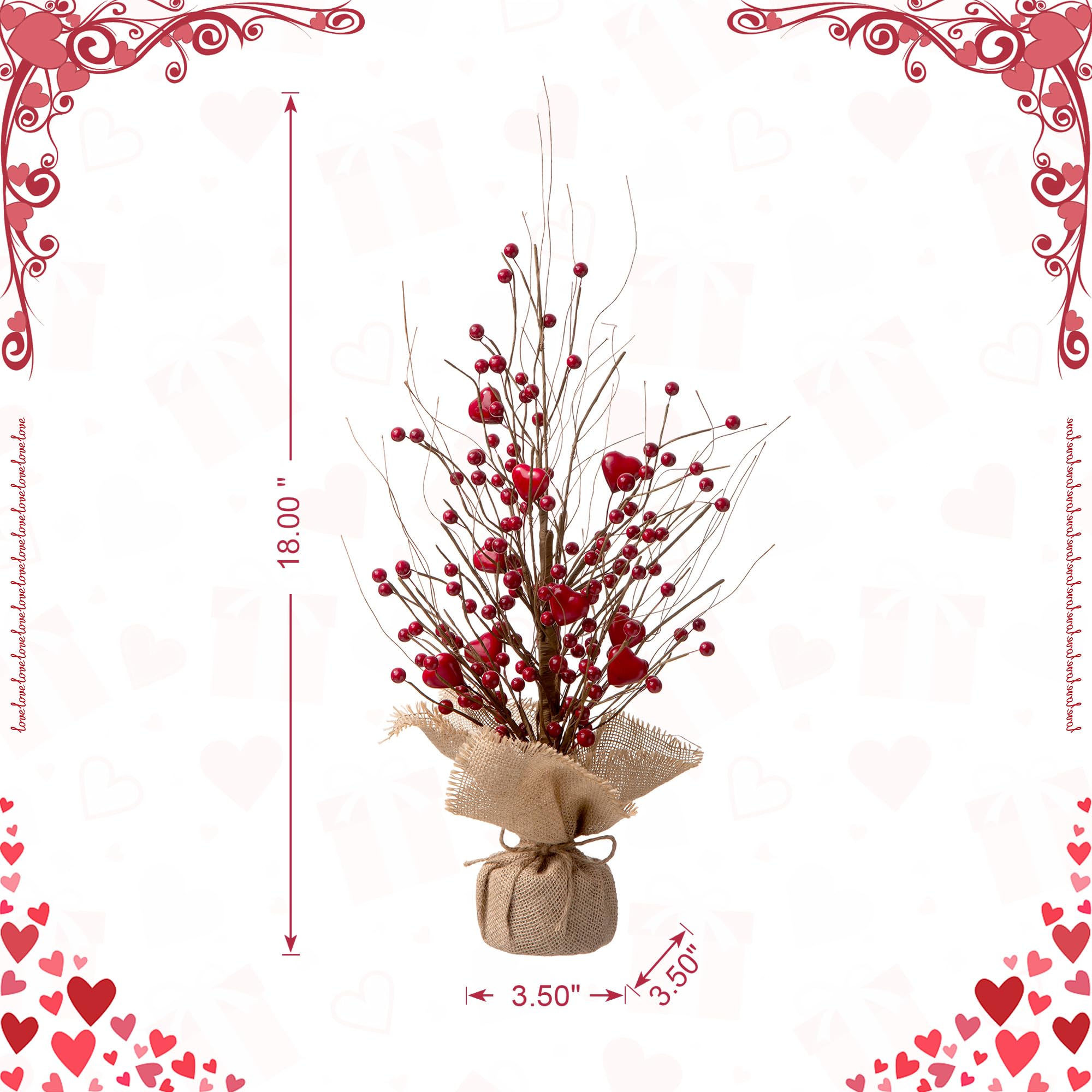 Glitzhome Árbol de San Valentín para decoración de mesa de árbol de San Valentín, árbol de mesa artificial con base de arpillera