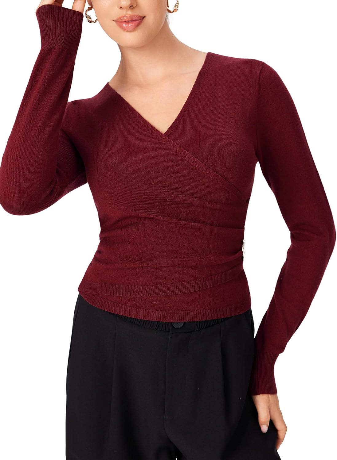 CIDER Wrap Sweaters for Women Trendy Long Sleeve V Neck Cross Front Ruched Knit Cozy Pullover Sweater Tops - Image 4