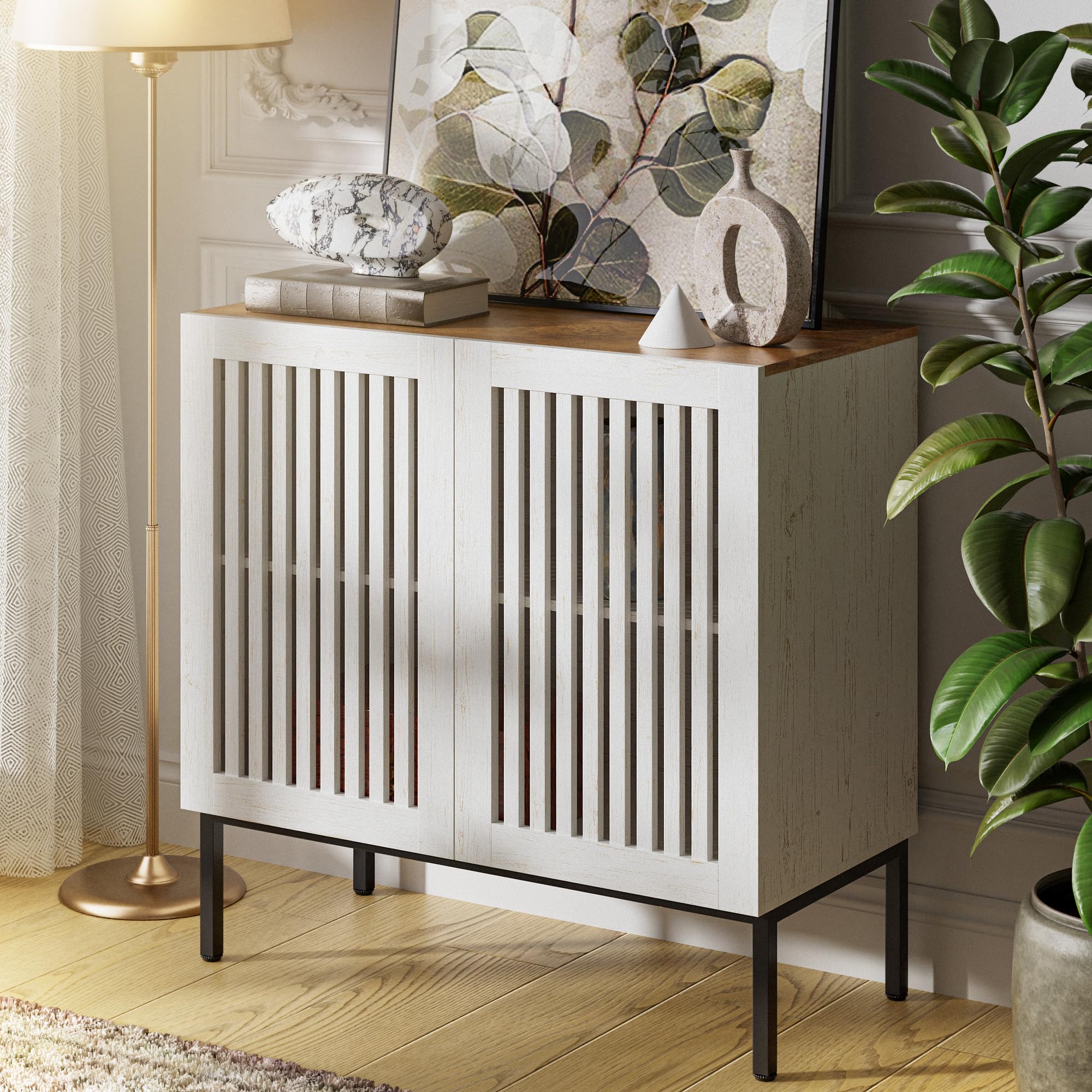 Qufusaty Storage Cabinet, 31.5" Farmhouse Buffet with Metal Base and Adjustable Shelf, Sideboard Coffee Bar with 2 Doors for Kitchen, Dining Room,