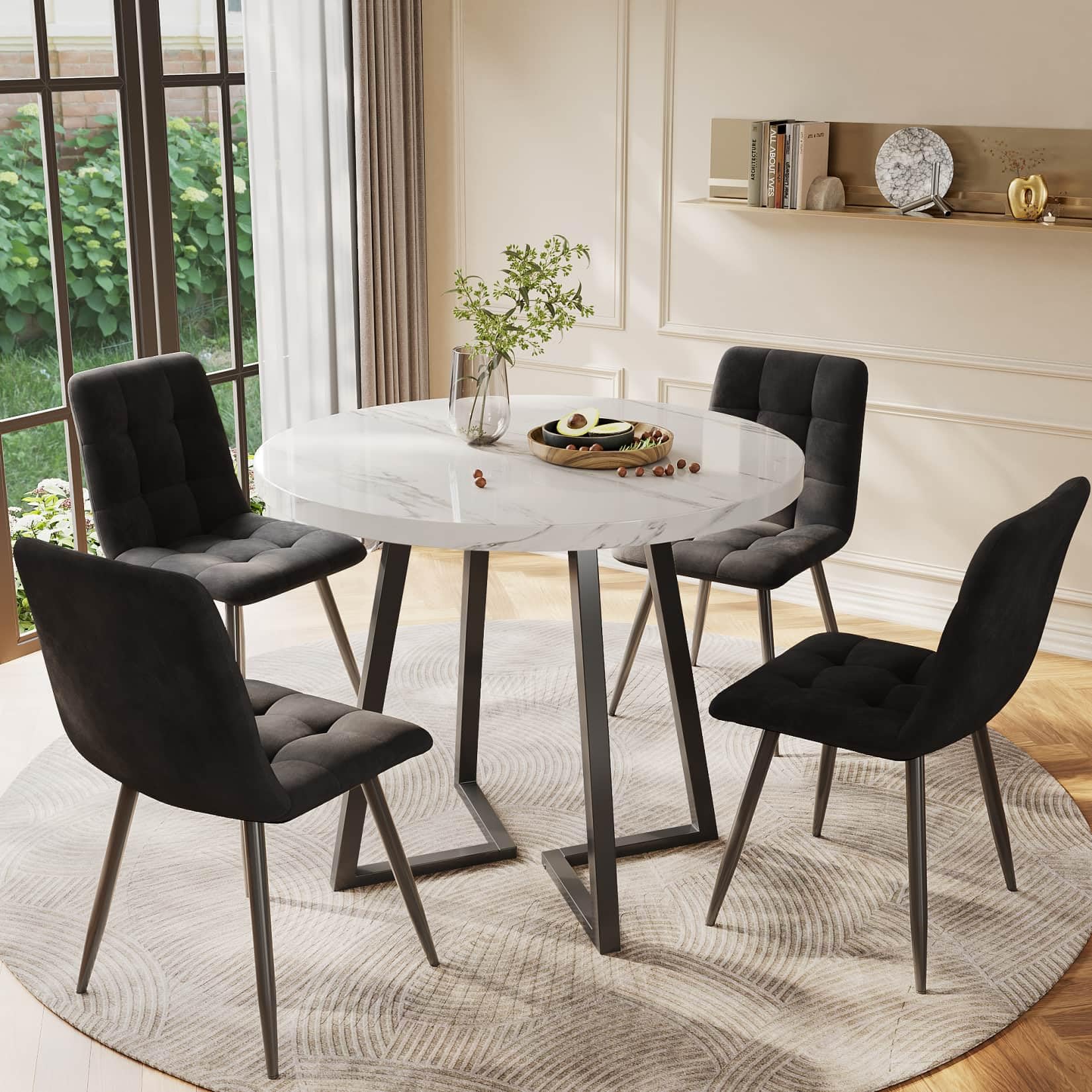 PUGSDRLY Table a Manger 80x80x75cm avec 4 Chaises,Table Ronde et Chaises en Velours,Pieds en Métal,Ensemble de Salle à Manger Moderne pour 4 Personnes (Noir+Noir-A)