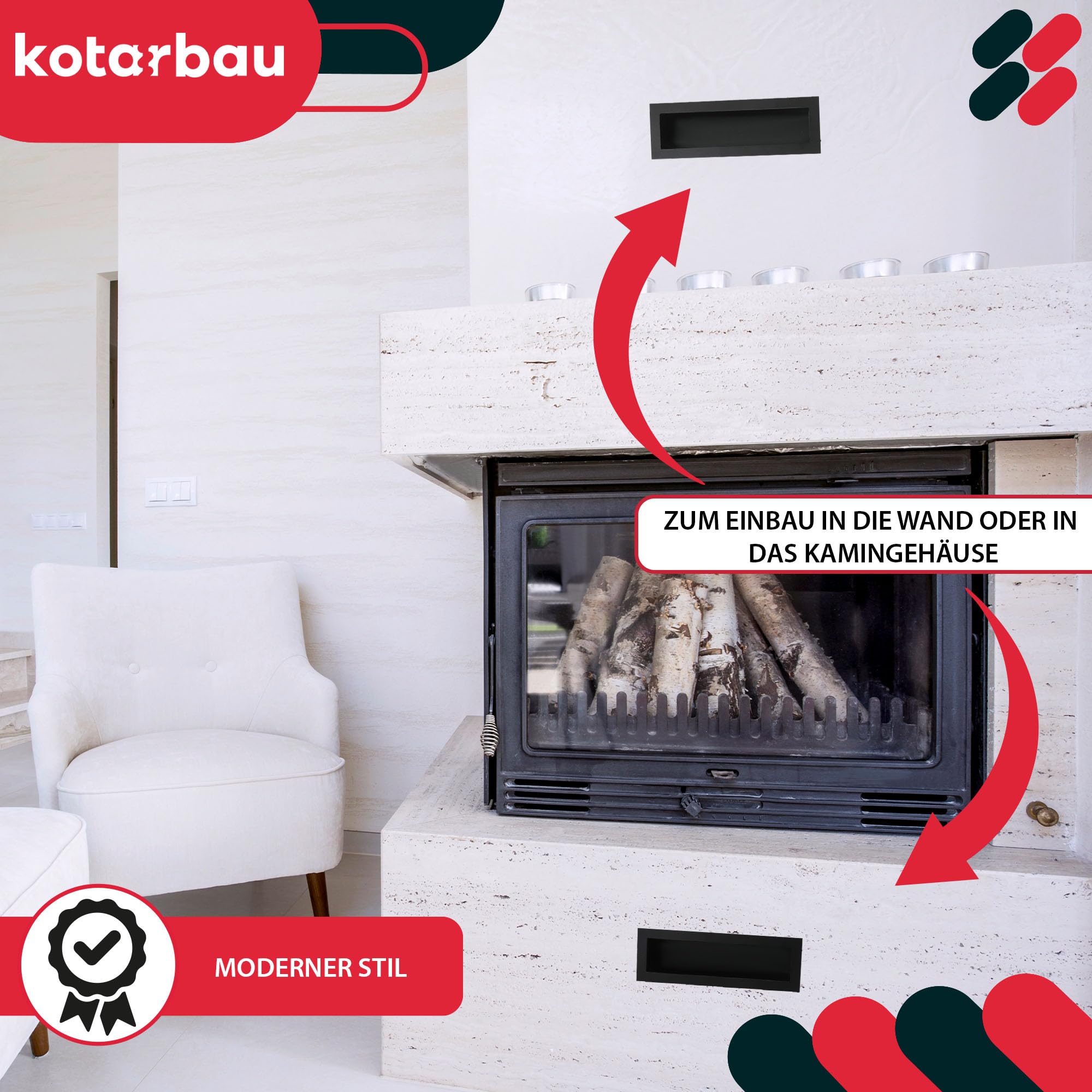 KOTARBAU® Grille Cheminée - Acier Revêtu Poudre - 30 cm - Noir - Grille Ventilation Cheminée - Aération pour Foyer - Design Moderne - Résistante Haute Température