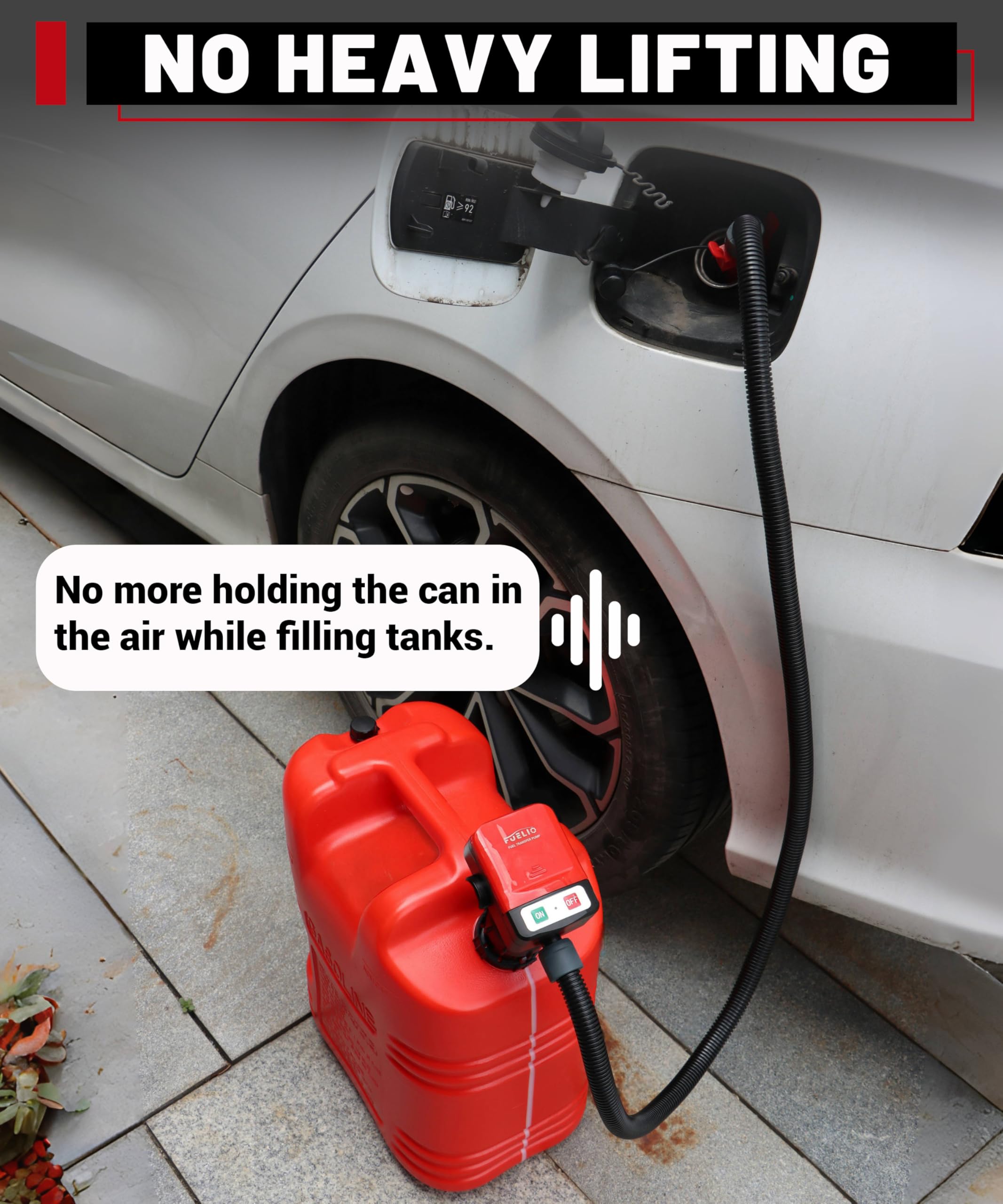 FUELIO Pompa di trasferimento del carburante Pompa a gas alimentata a batteria per tanica di gas da 5 galloni, 3,2 GPM, ugello di arresto automatico, tubo lungo 51 IN