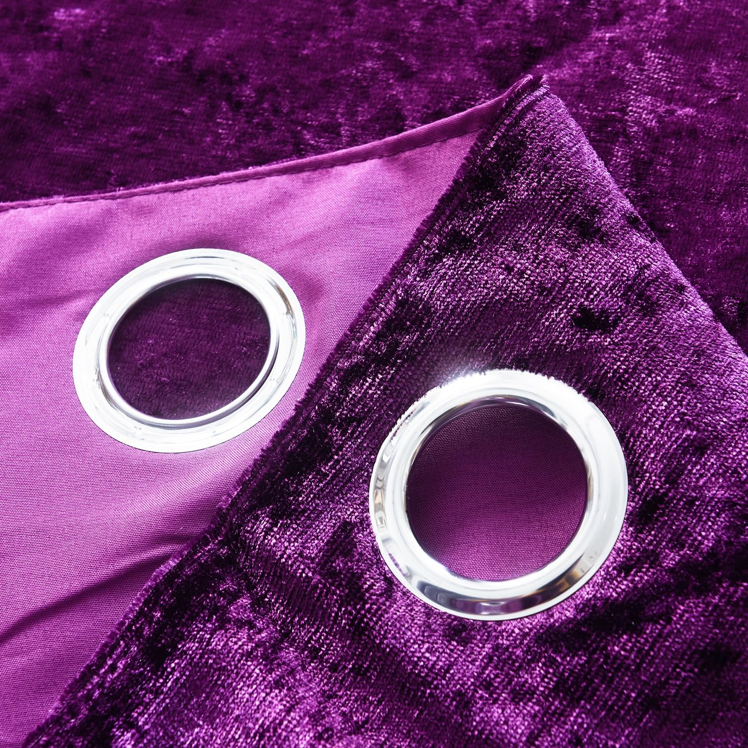 Paire de rideaux en velours écrasé doublés avec anneaux métal 4 cm violet