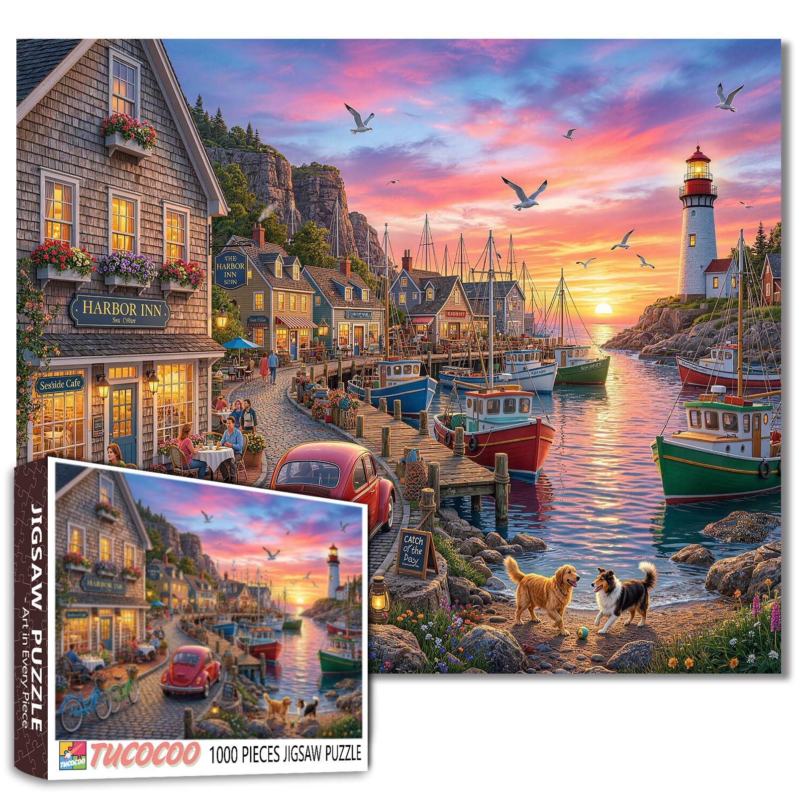 Seaside Harbor Jigsaw Puzzles 1000 Pieces Coastal Art Jigsaw Puzzles for Challenging Family Games Lighthouse Sunset DIY Handwork Puzzle for Home Wall Decor Gifts 19.7"x27.6"
