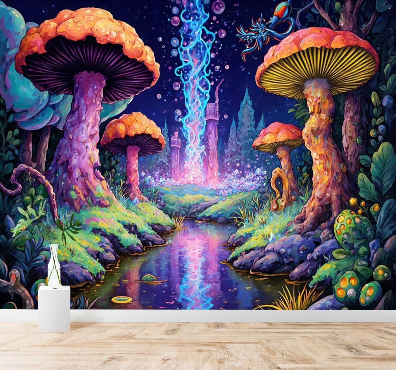 XLMING Fantasy Colourful Forest Mushrooms River 3D Wallpaper Silky Texture Home Study Office Grey Dining Room Sofa Bedroom Living Room TV Backdrop-350cm×256cm