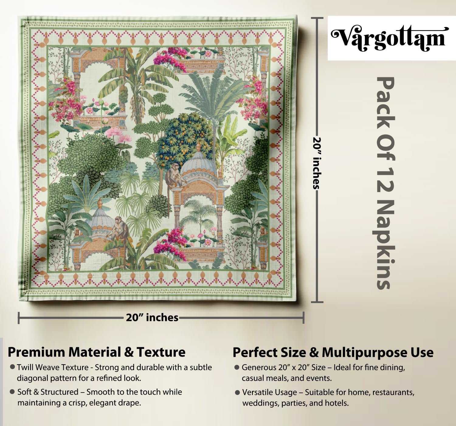 Designer Cotton Twill Napkins - Set of 12, 20-Inch, Tree Pattern, Durable & Absorbent Cloth Napkins for Dining, Parties, and Home Decor - Machine Washable