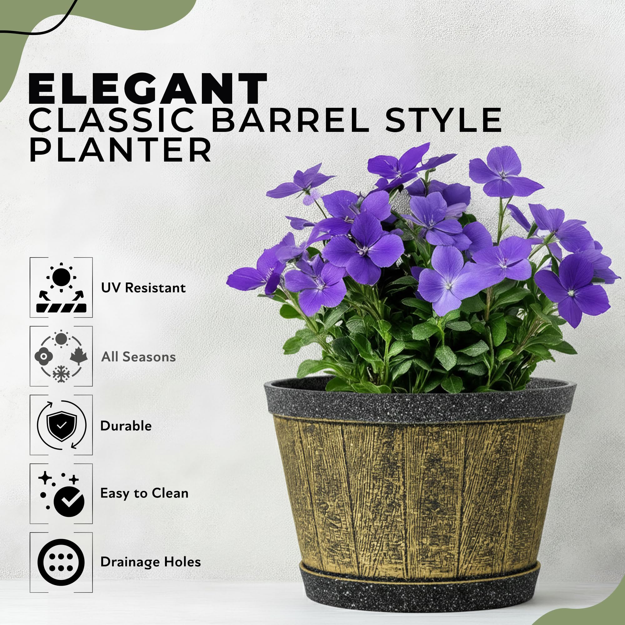 SG Traders Round Plastic Whisky Barrel Garden Pot Flower Pots Planter Tub Patio Pot Outdoor Traditional Barrel Brown with Silver Bands Garden Plant Pot Outdoors with Drainage Holes (Pack of 1) - Image 2