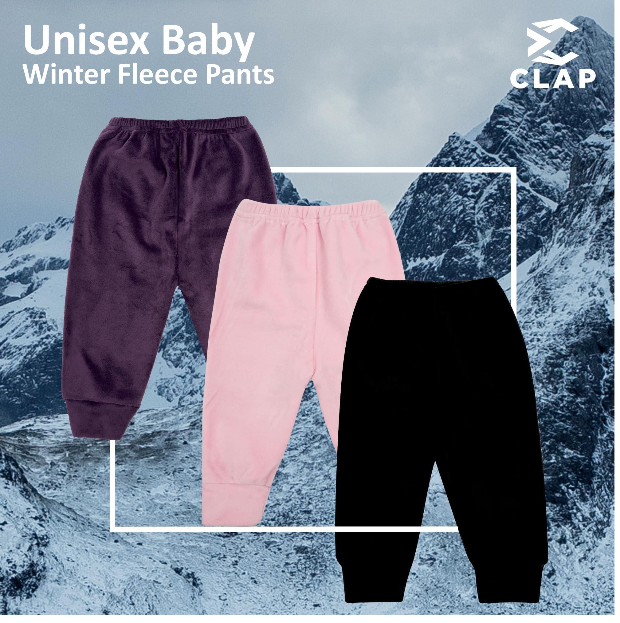 CLAP Unisex Baby Winter Pants Fleece Warm Pajamas Super Soft Multicolor Set of 3 (Purple Black Pink, 18-24 Months) 1