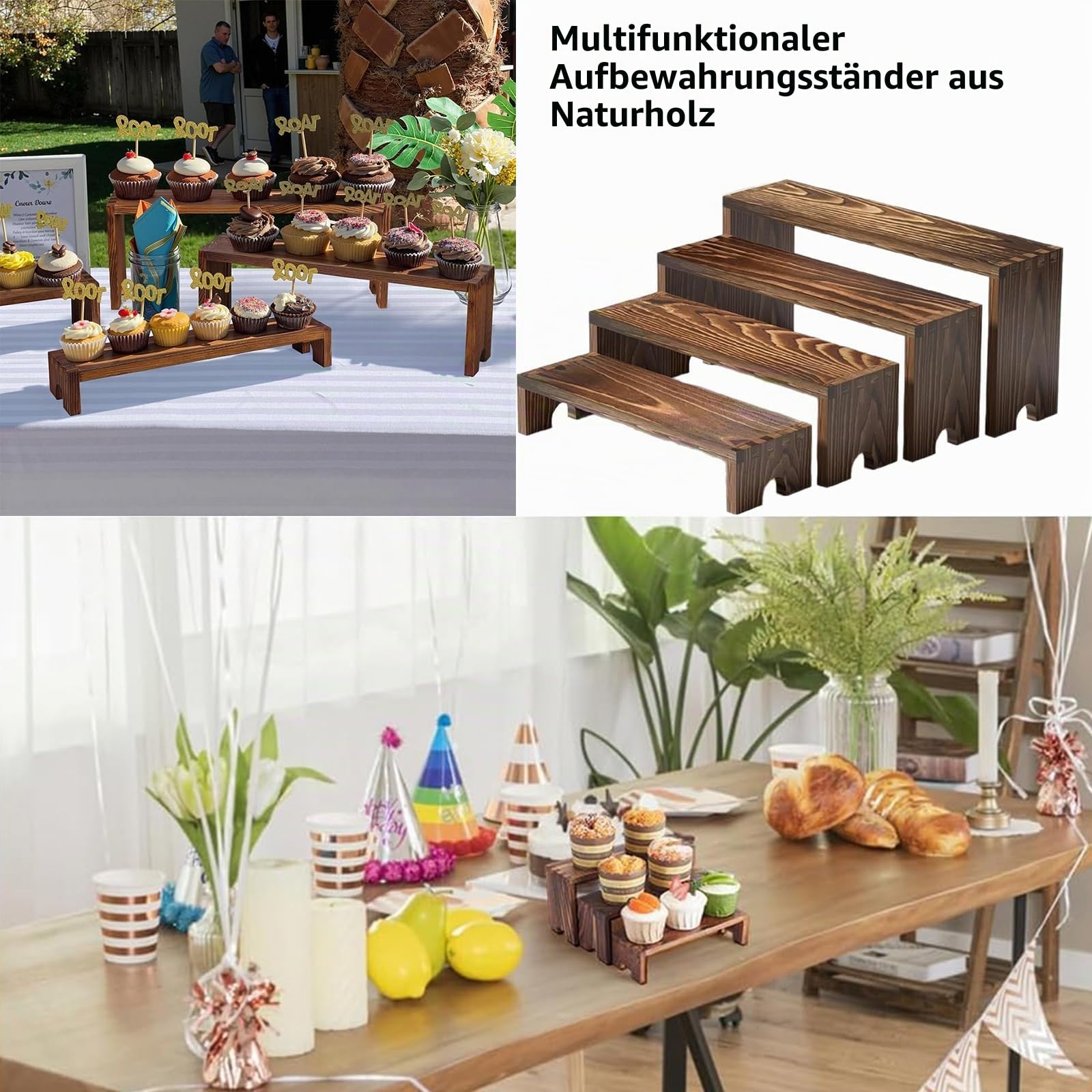 2 Set Stufenregal aus Massivholz 4 stufig, Candy Bar Display Regal, Parfüm Organizer Ständer, Vitrine für Pop Figuren, Mini Regal für Deko, Bücher, Schmuck, Buffet