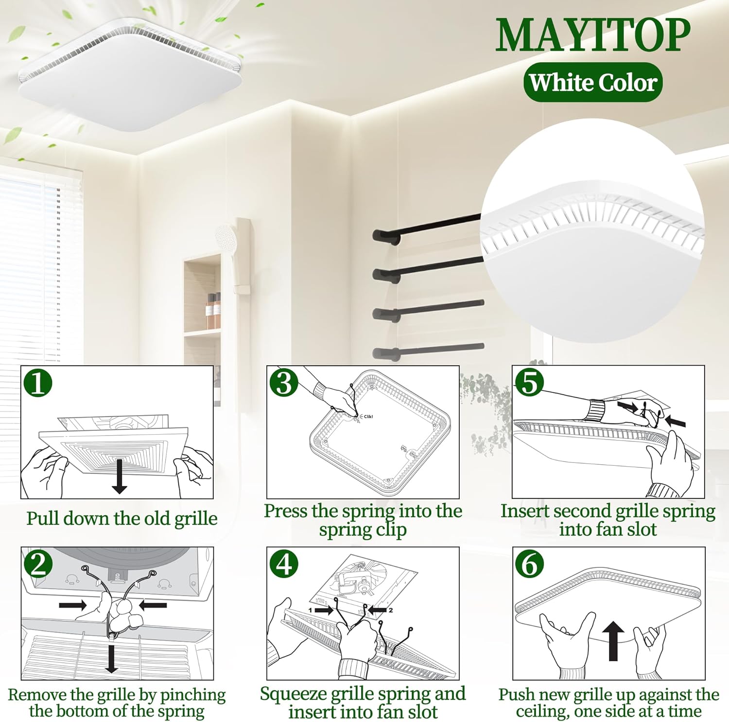 FG701S Universal Update Bathroom Fan Cover with Springs Compatible with Bro-an-NuT-one Small/Medium/Large Size Vent fans,Bathroom Ceiling Square Fan Cover Replacement (White) 13.25" x 13.25" x 1.3"