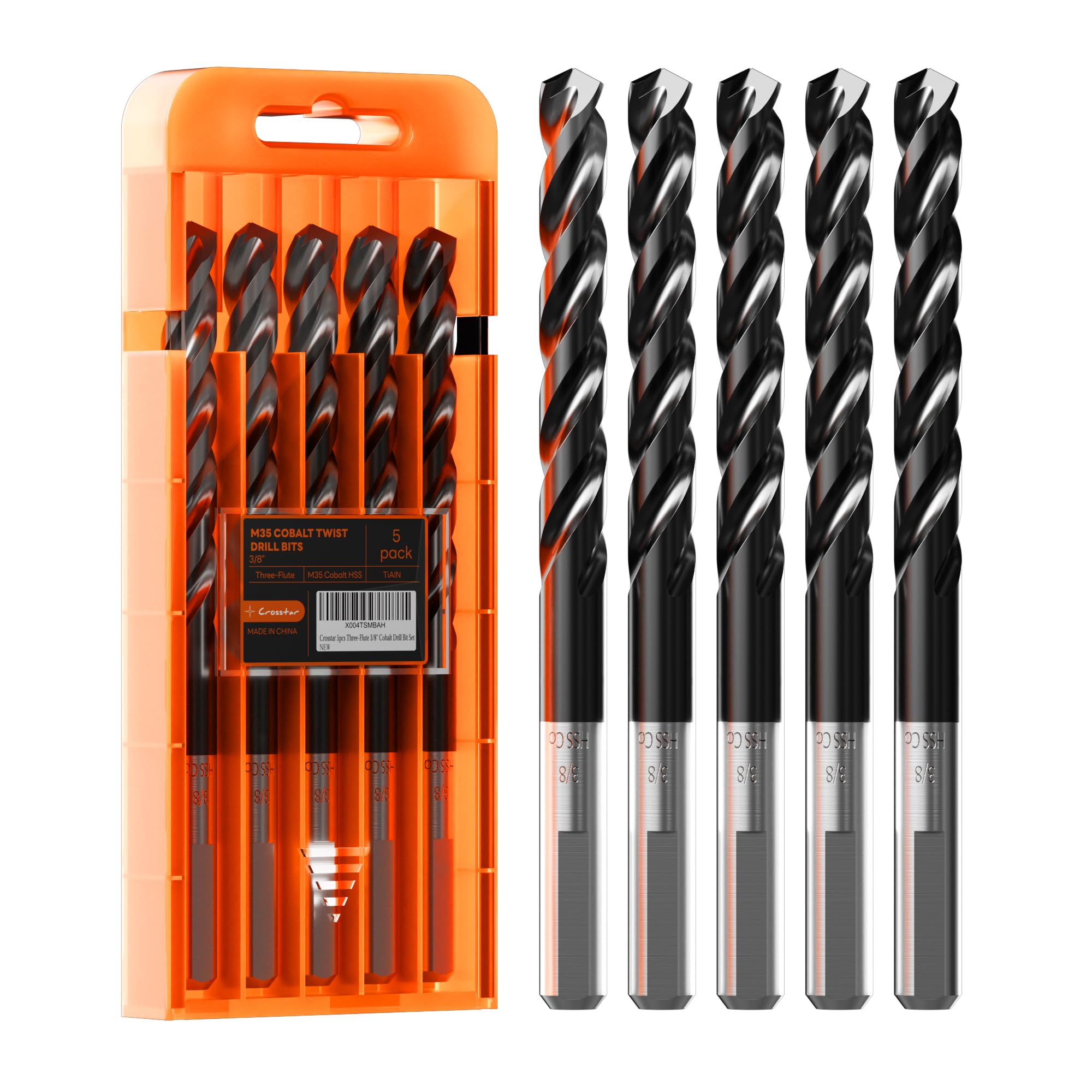 Crosstar M35 Cobalt Drill Bit Set,Three-Flute Design,3/8",5 Pack