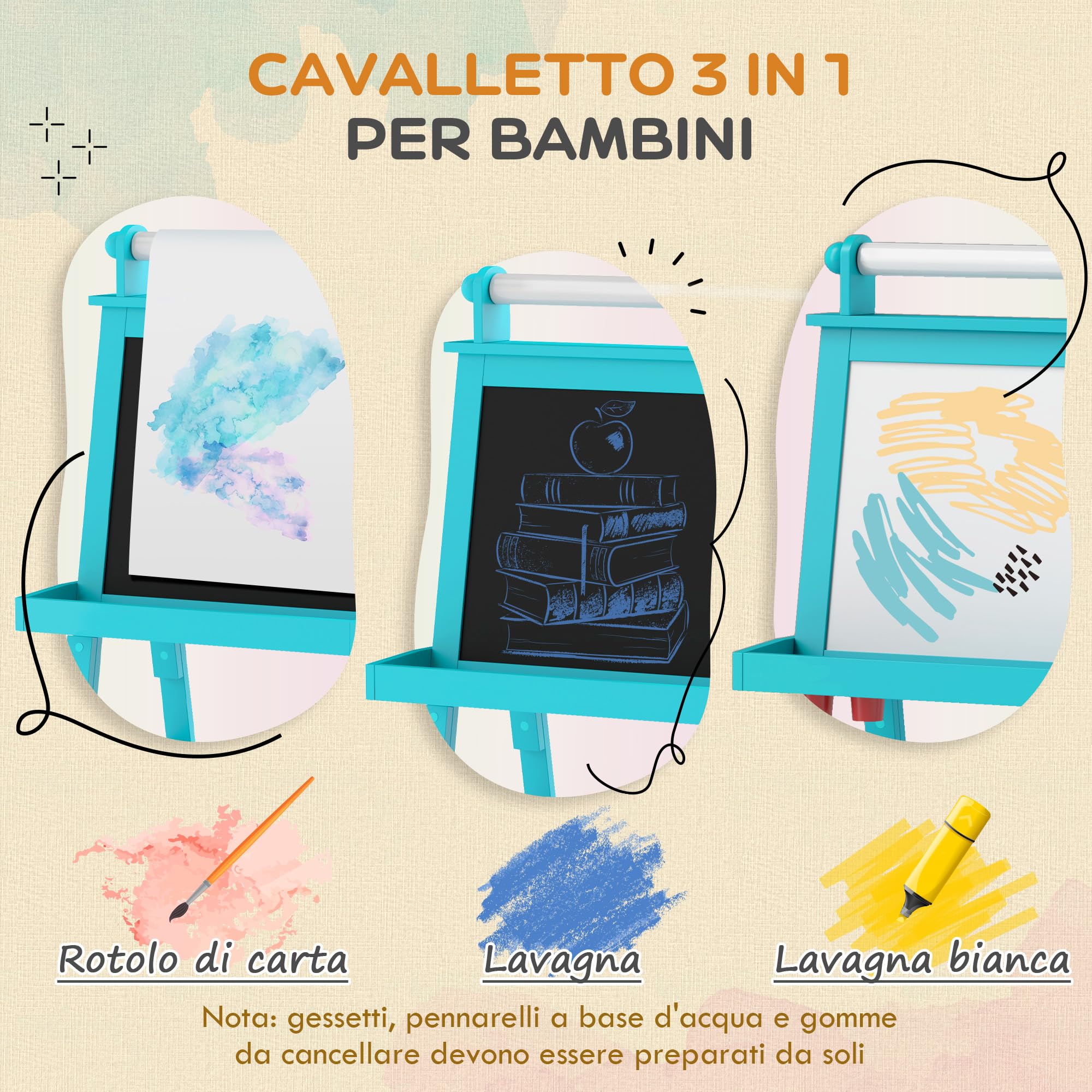 AIYAPLAY Lavagna per Bambini Cancellabile a Doppia Facciate con Rotolo di Carta e 2 Contenitori, Lavagna Magnetica Bianco, Nero con Cavalletto Artistico in Legno per Pittura e Regalo, 3-6 Anni, Blu