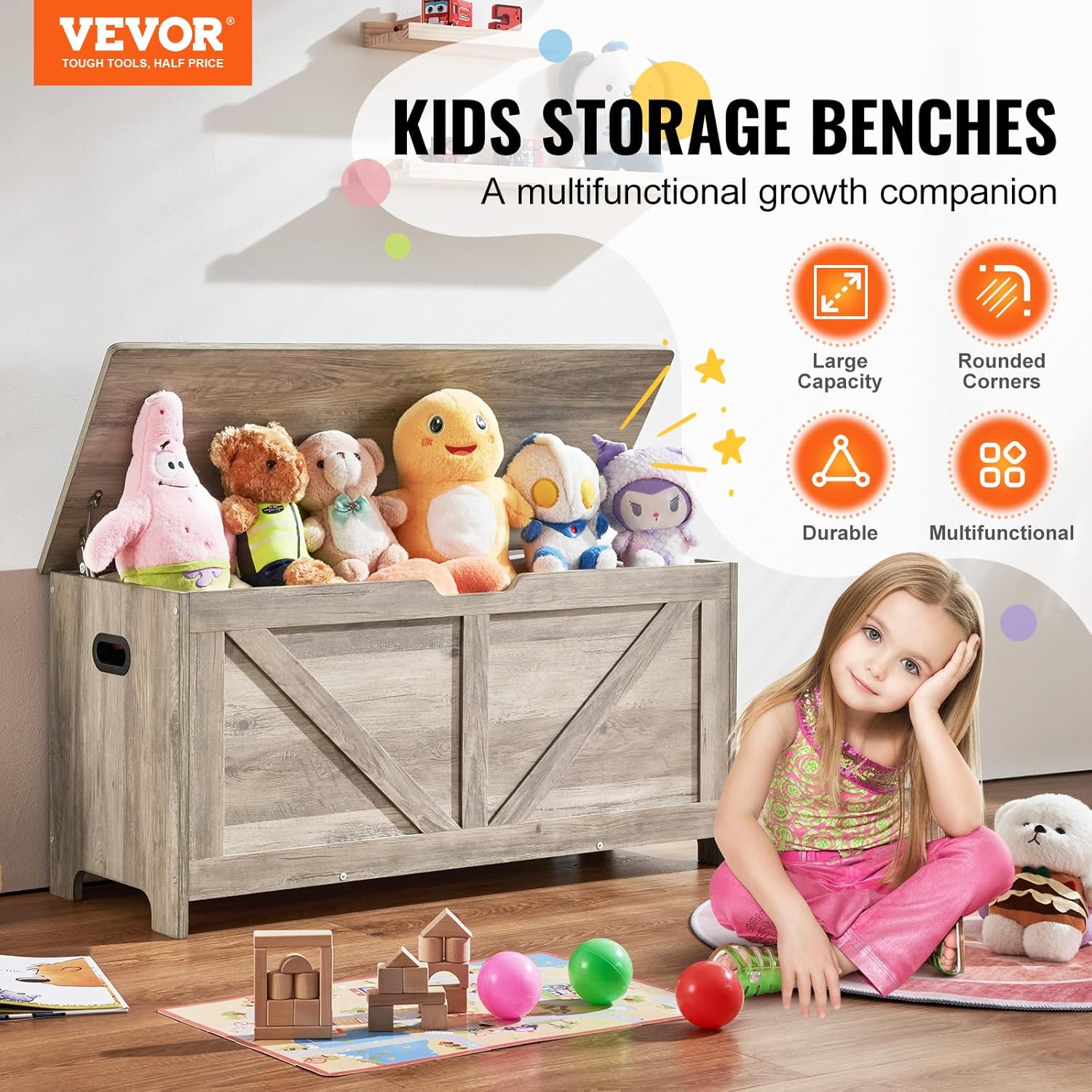 VEVOR Wooden Toy Chest for Kids, Toddler Toy Storage Box with Flip-Top Lid and Safety Hinge, 38.98 x 15.55 x 18.9 Large Kids Storage Bench for Playroom, Bedroom, Living Room or Entryway, Gray