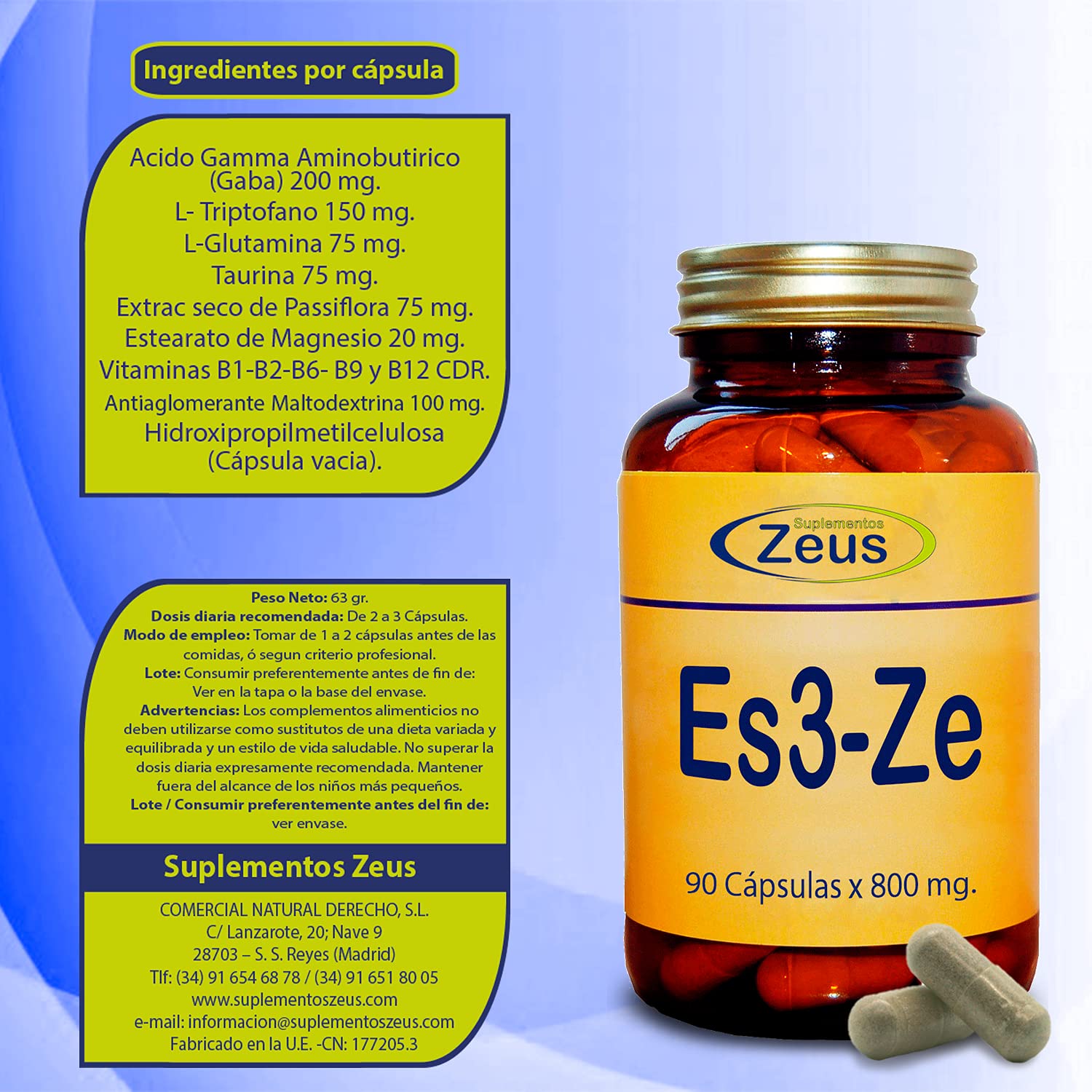 ES3-ZE | Contribuye a rebajar la actividad nerviosa del cerebro, aportando calma | Complemento Alimenticio a base de Aminoácidos, Pasiflora y Vitaminas | 100% Vegano | 90 Cápsulas Vegetales