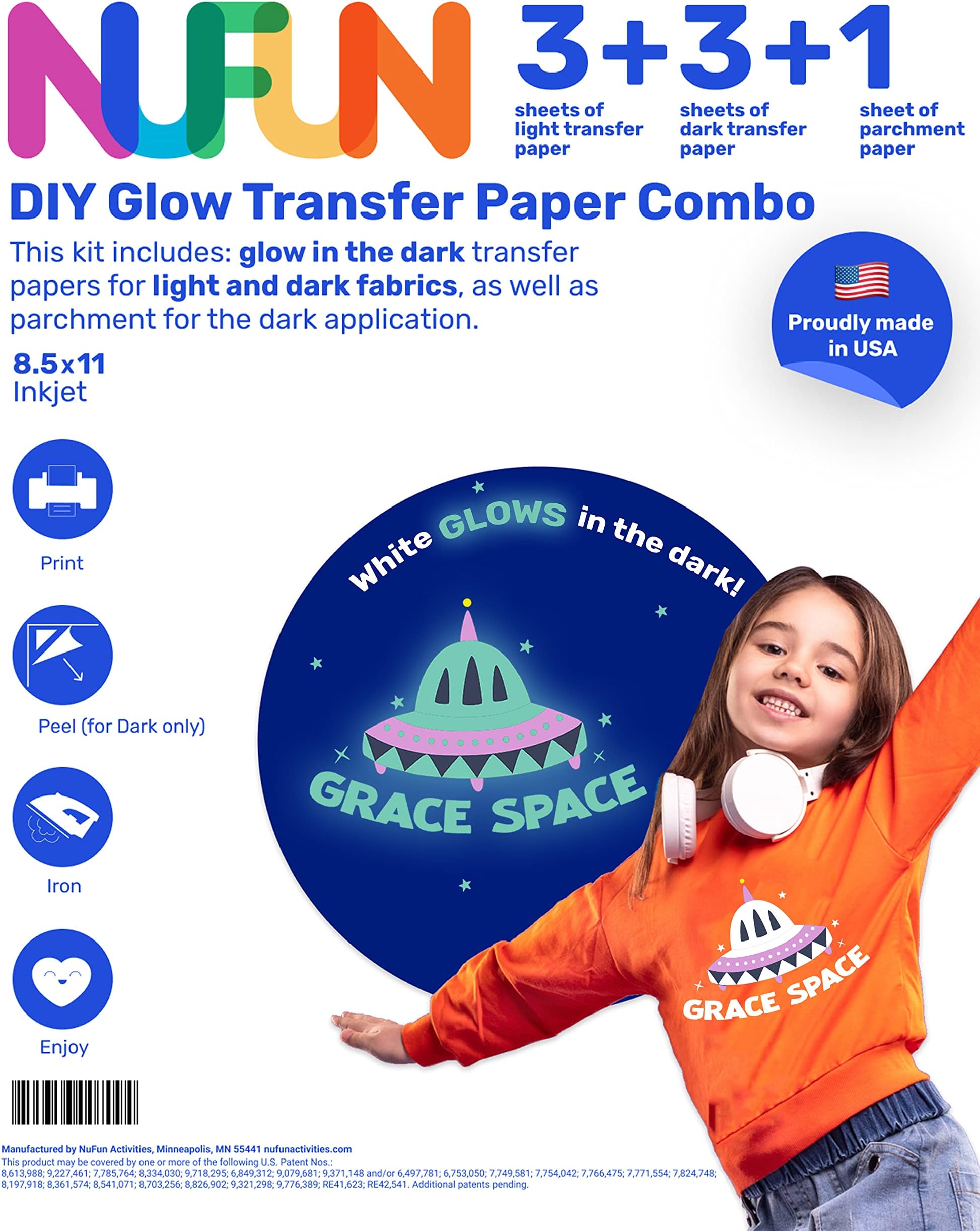 NuFun Activities Glow Combo Heat Transfer Paper, Light & Dark, 3 Sheets Ea