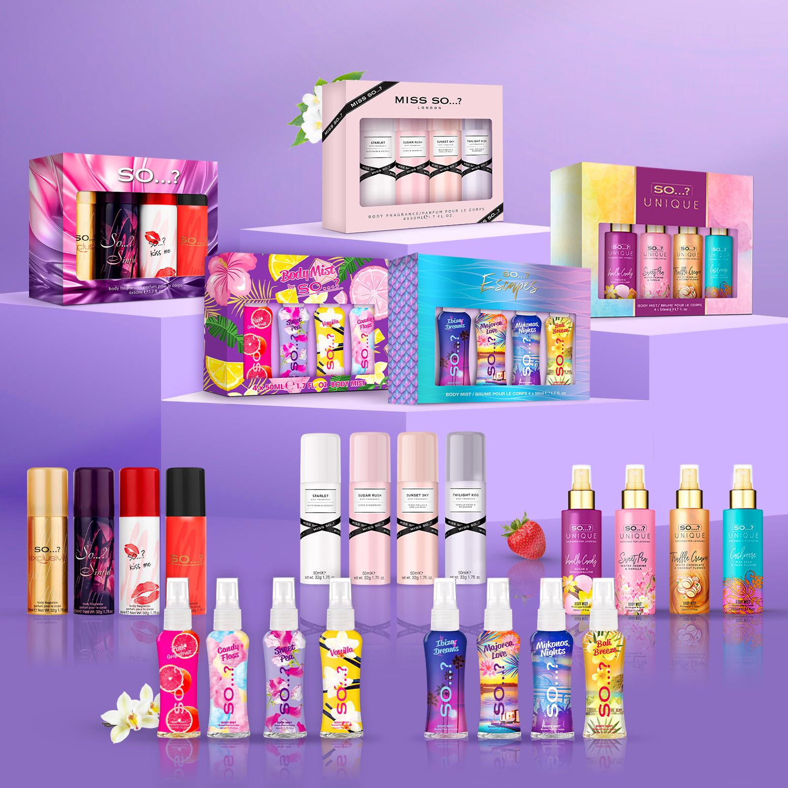 SO…? Damen Galore Body Mist Geschenkset Mixed Bundle Body Mist by So…?, Mädchen Körperspray Geschenkset, Reisegröße Duft (4 x 50 ml) 5 Stück